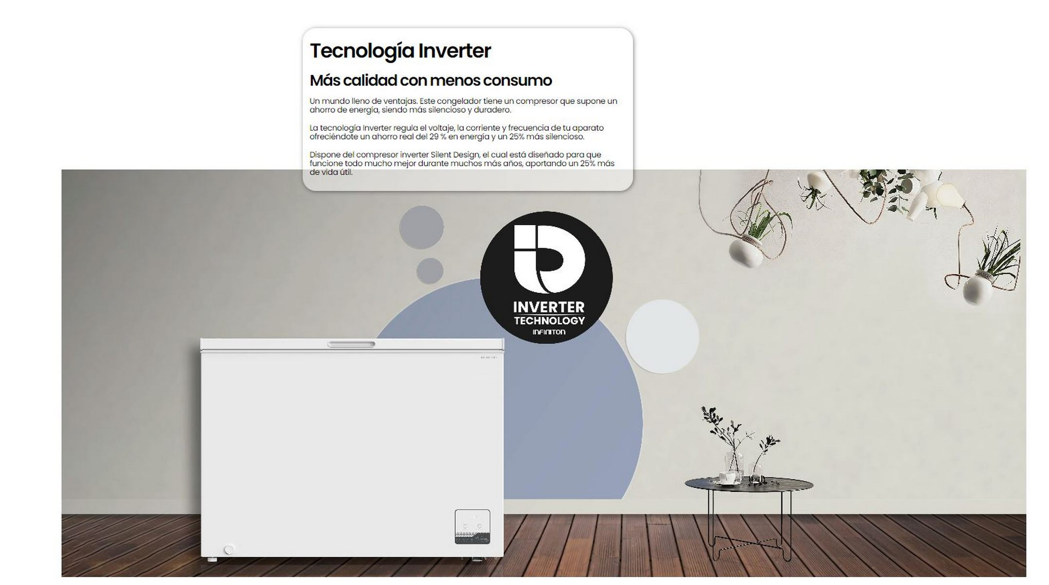 Congelador horizontal blanco con texto sobre tecnología inverter y ahorro de energía.