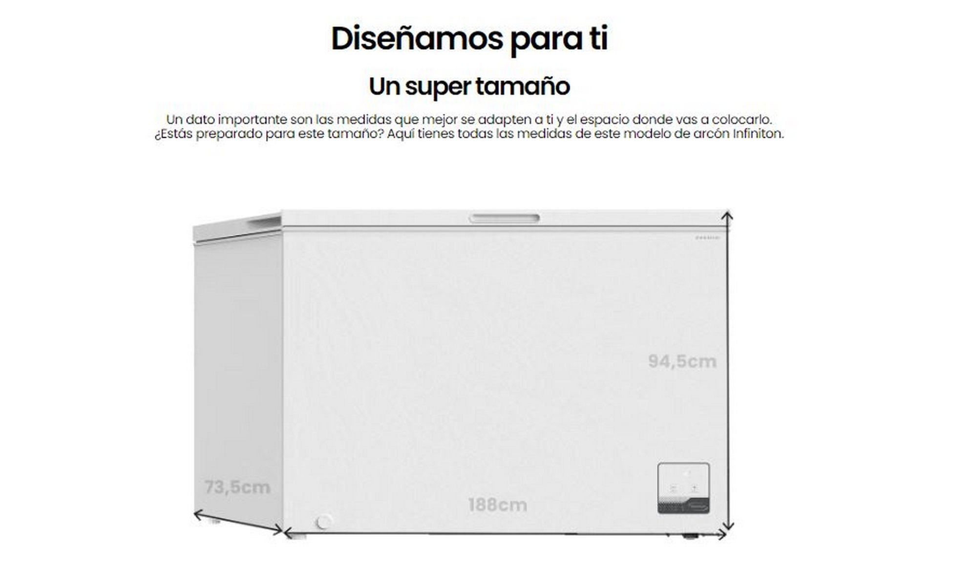 Congelador blanco con dimensiones en cm. Texto: 'Diseñamos para ti. Un super tamaño'. Fondo blanco.