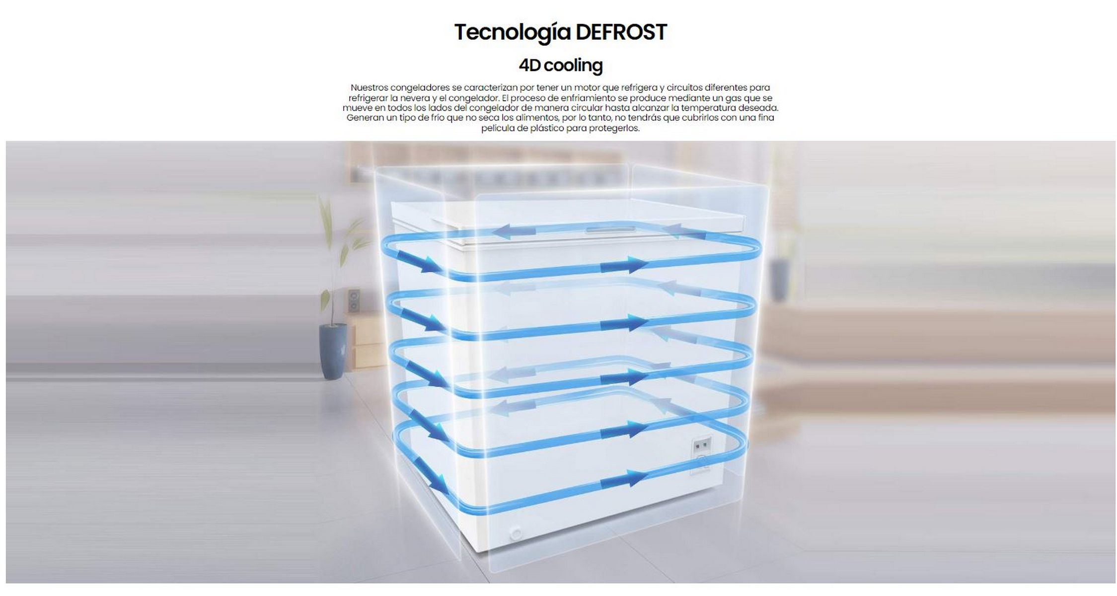 Un refrigerador blanco con flechas azules indicando flujo de aire, y un texto con el nombre de la tecnología.