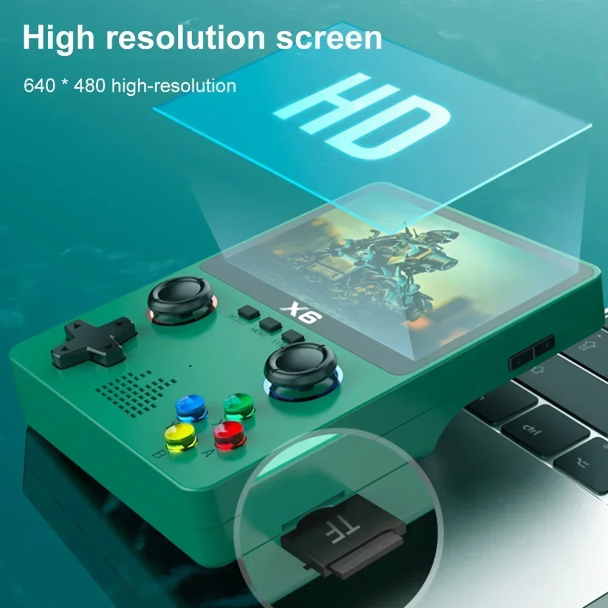 Una consola de juegos portátil verde, con una pantalla que muestra un juego.