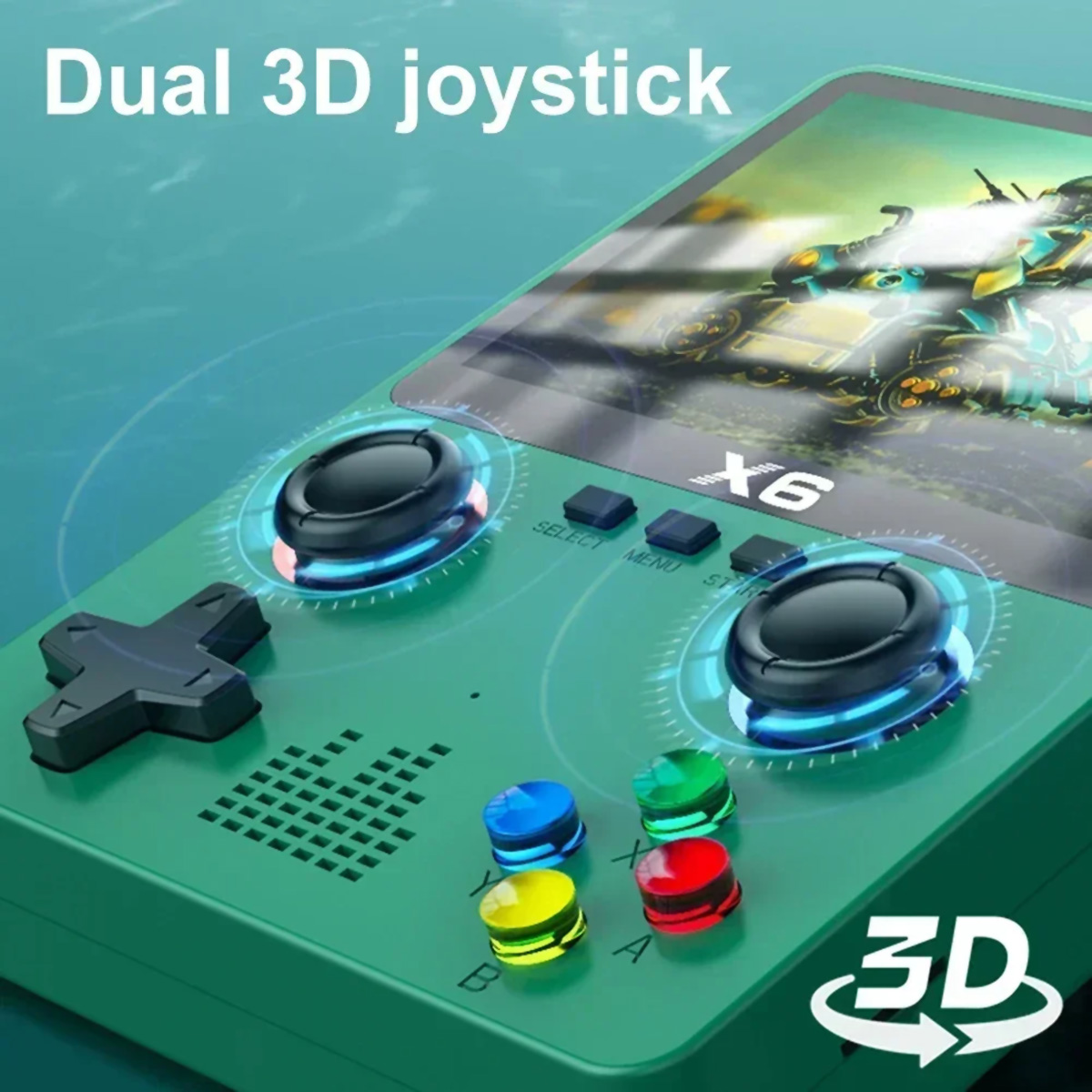 Consola de juegos portátil verde con joystick dual y botones, pantalla visible.