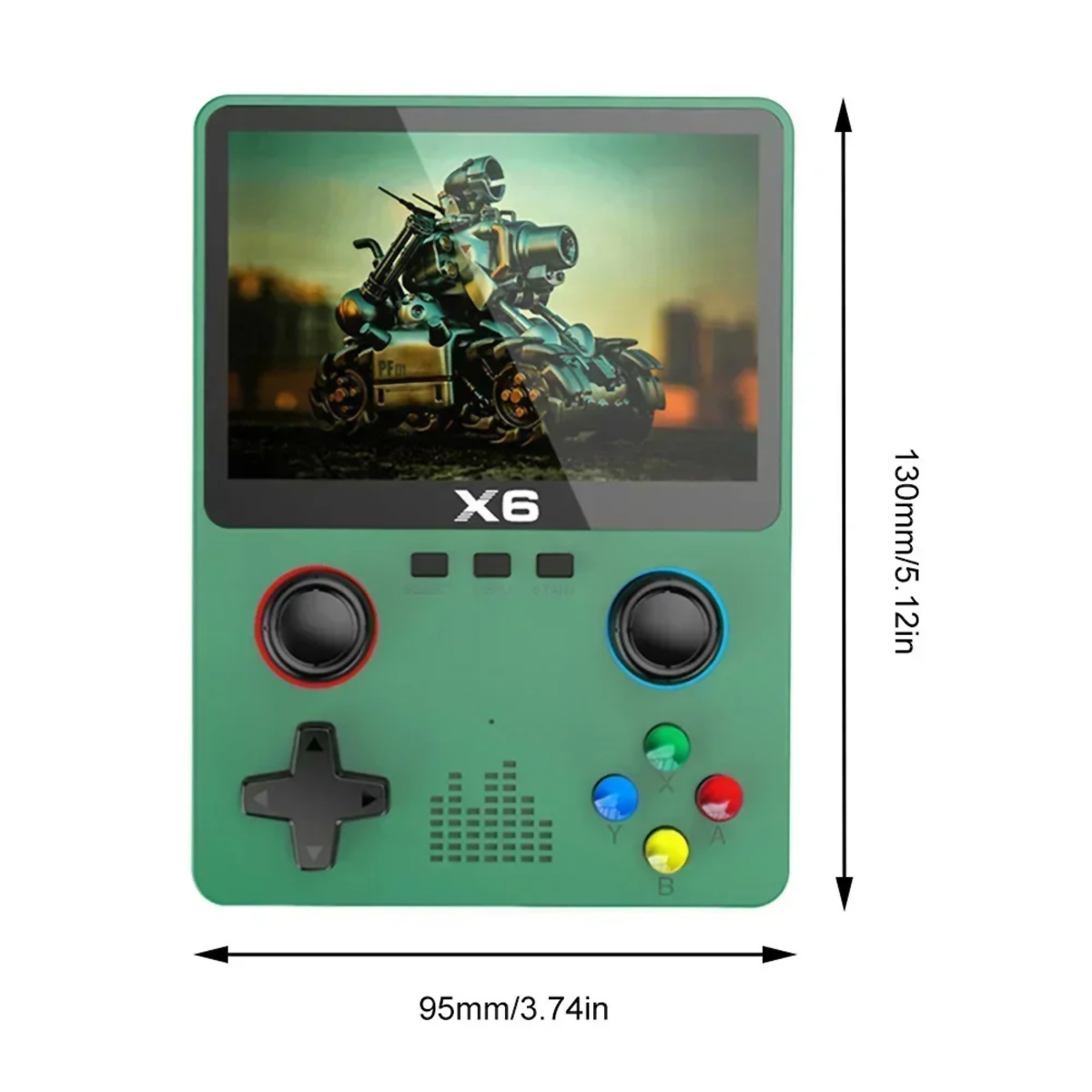 Consola de juegos portátil verde con pantalla. La pantalla muestra una imagen de un vehículo.