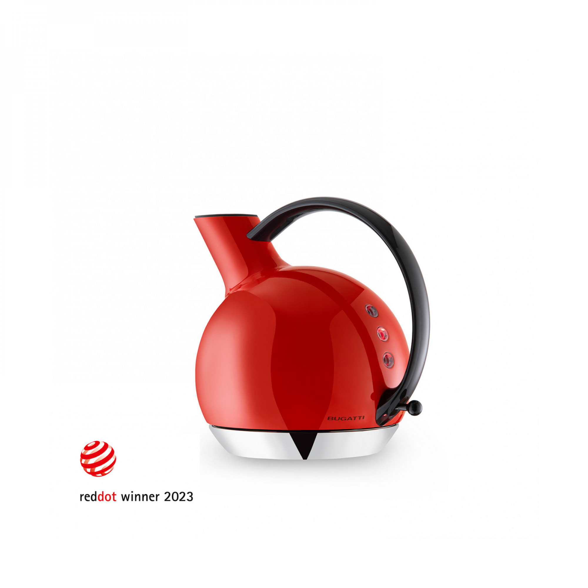 Bollitore Bugatti rosso con manico nero e base argentata, con premio Red Dot.