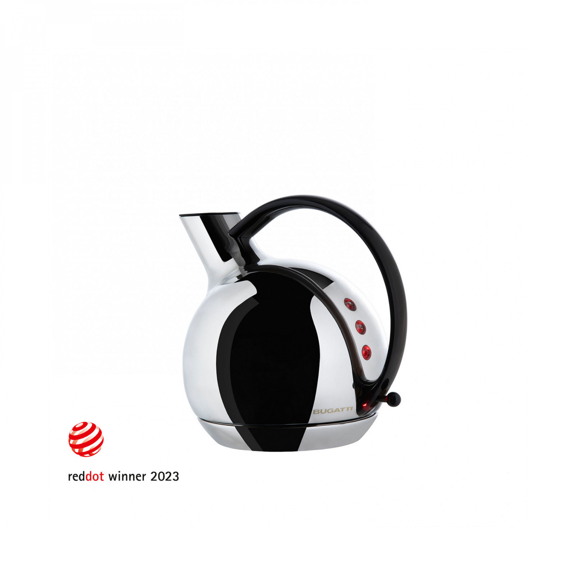 Bollitore elettrico nero lucido con manico nero e pulsanti rossi. Vincitore Reddot 2023.