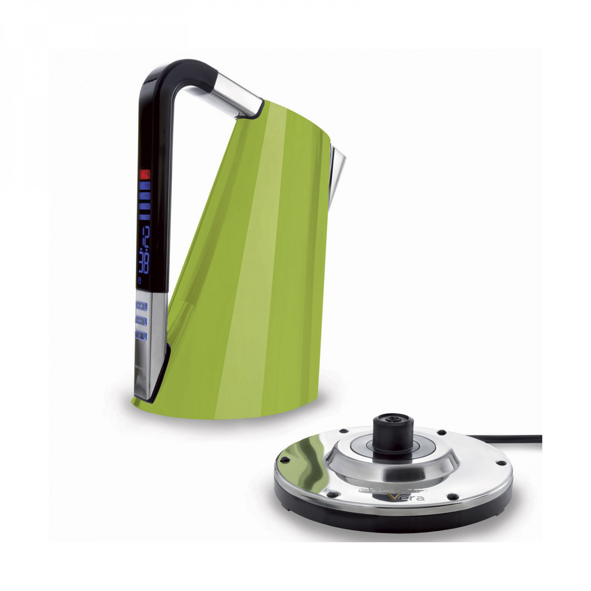 Bollitore Bugatti verde con manico nero, display digitale e base.