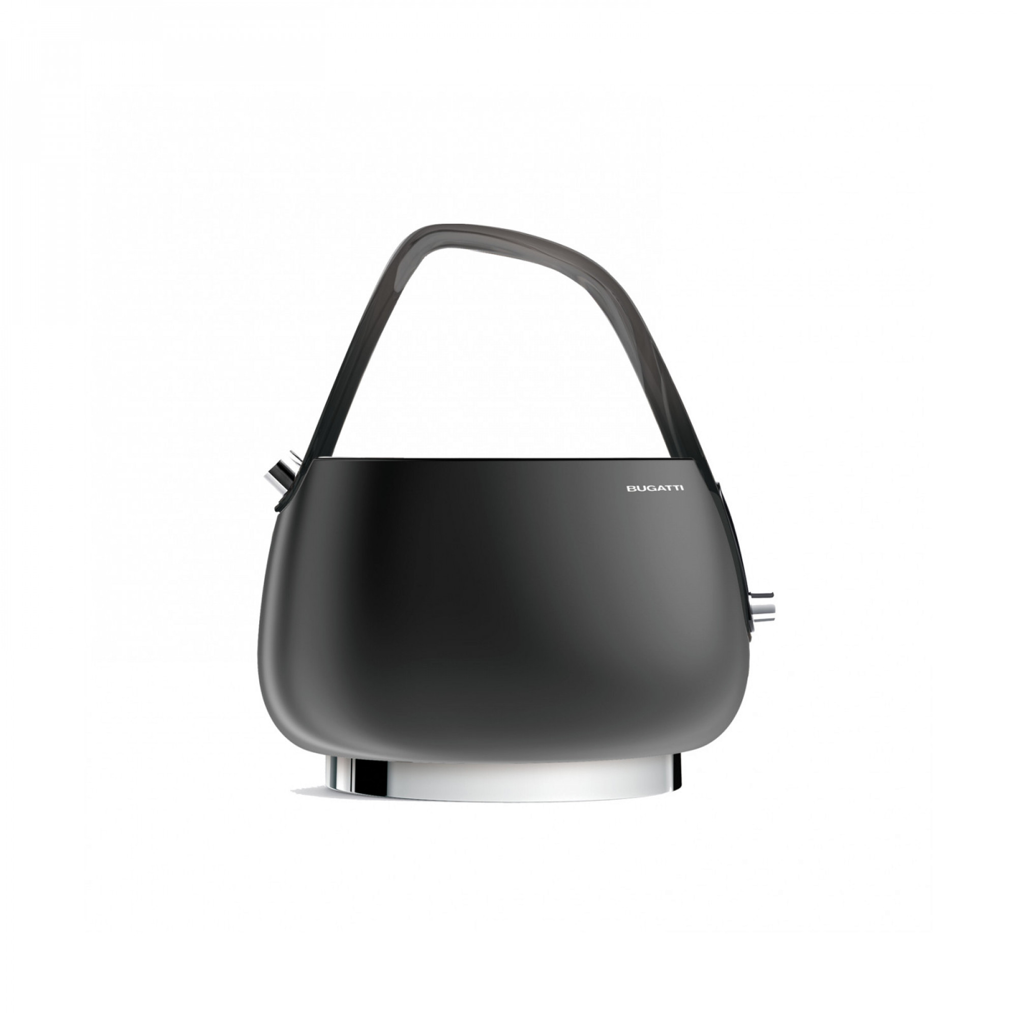 Bollitore elettrico nero con manico nero su base bianca. Marchio Bugatti visibile.