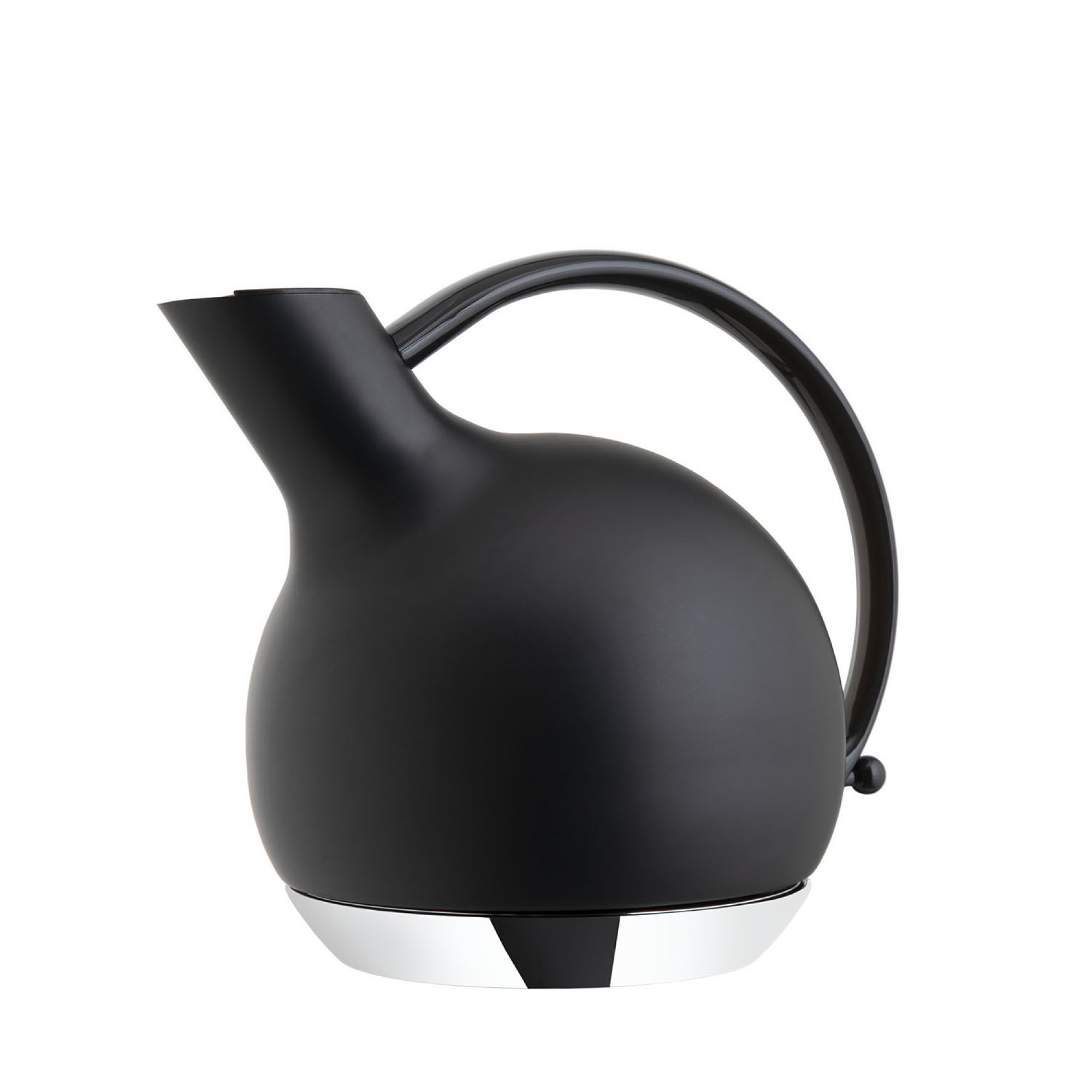 Bollitore nero con base argentata e manico nero, su sfondo bianco.