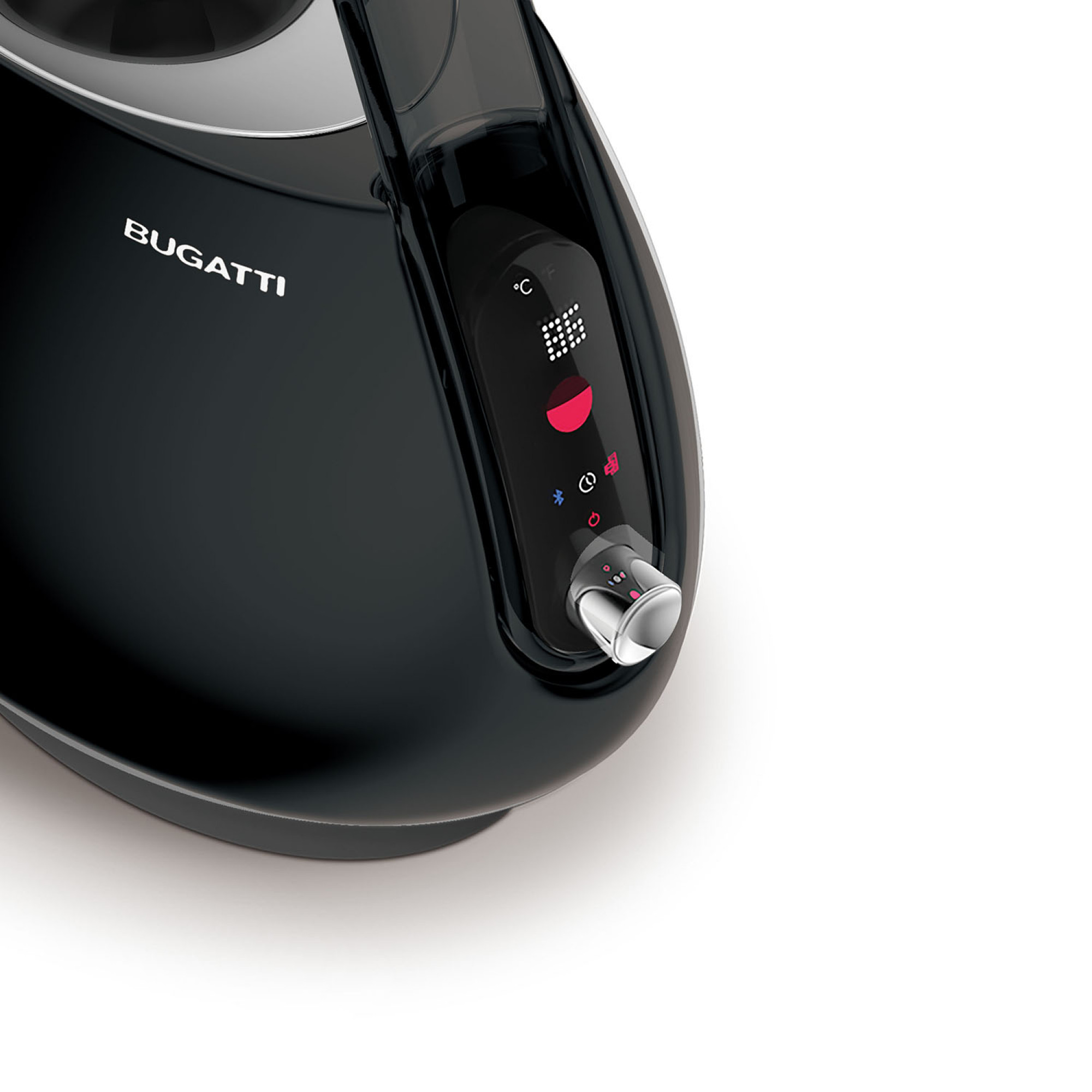 Primo piano del pannello di controllo di un bollitore elettrico Bugatti nero con pulsanti e display.
