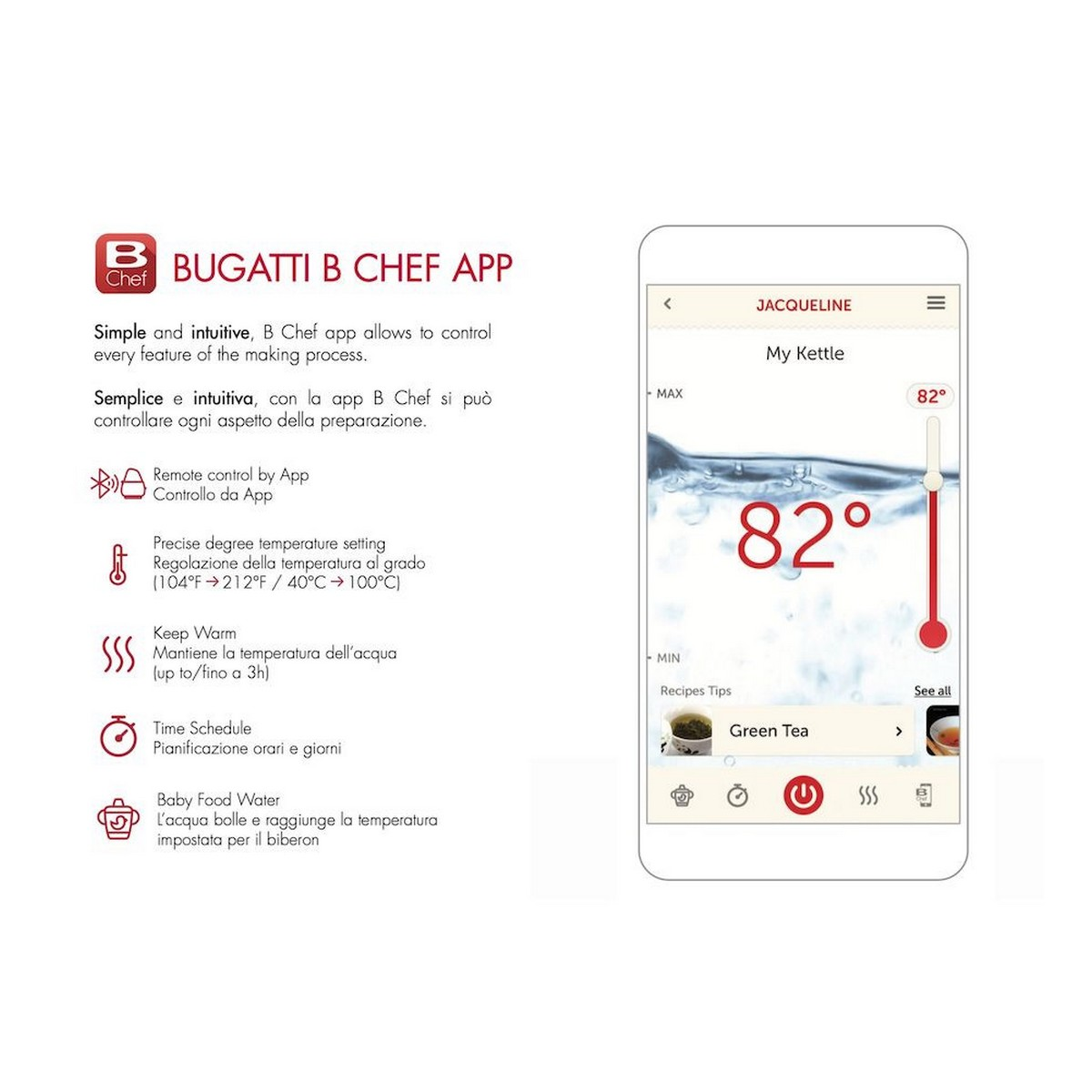 Uno schermo di smartphone che mostra un'app di controllo del bollitore con impostazioni di temperatura e altre opzioni.