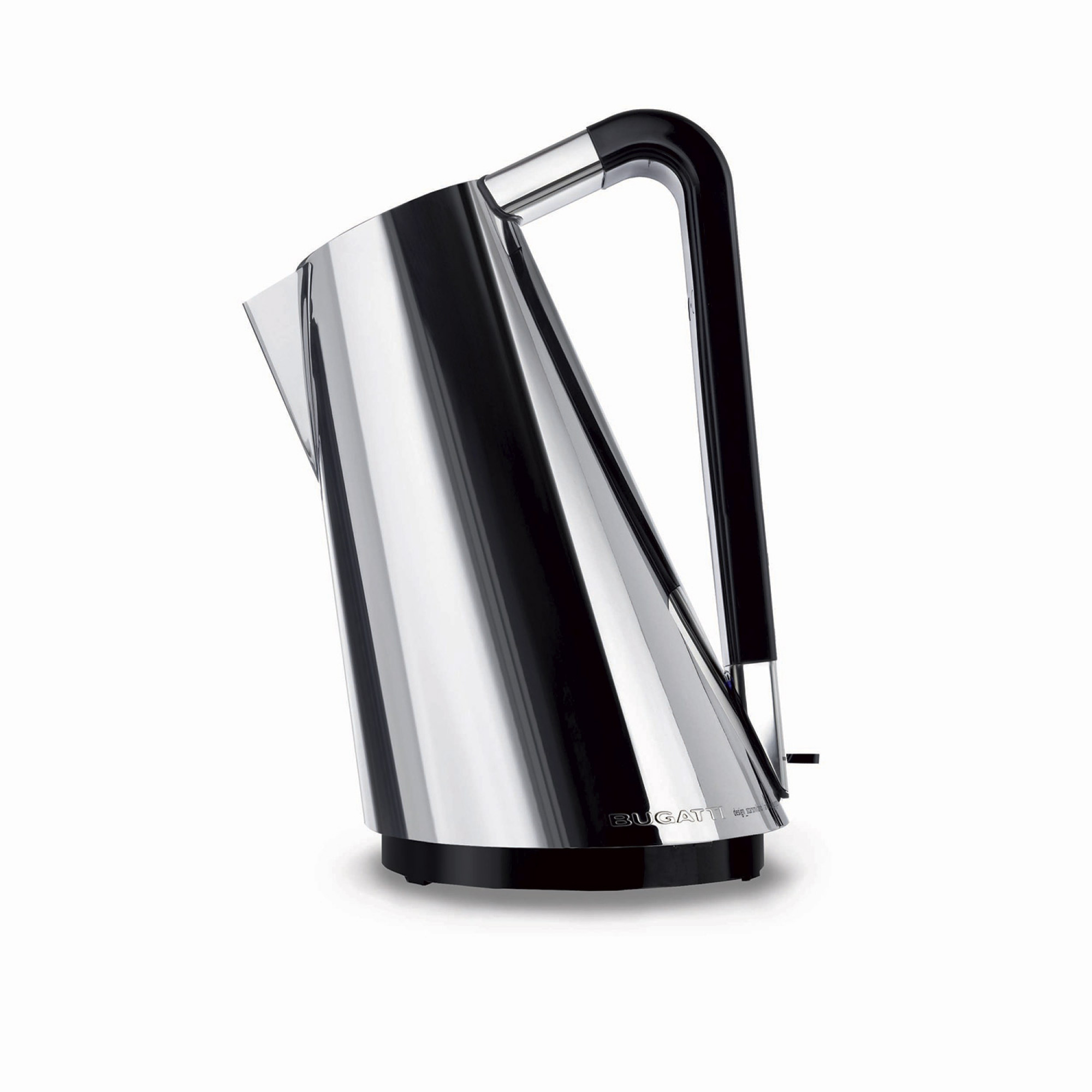 Bollitore Bugatti argentato con manico nero, vista laterale.