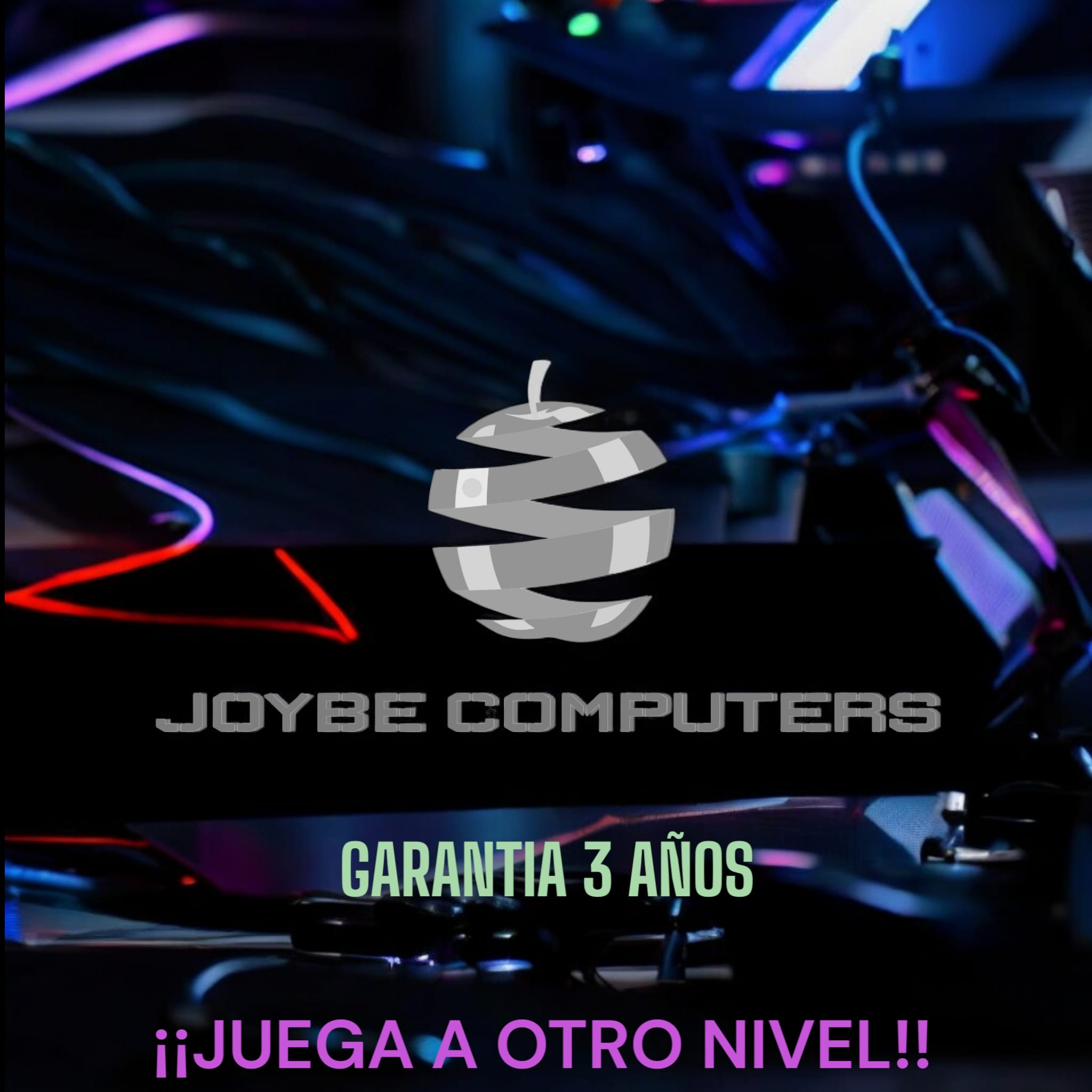 Fondo negro con logo, texto y componentes de ordenador.