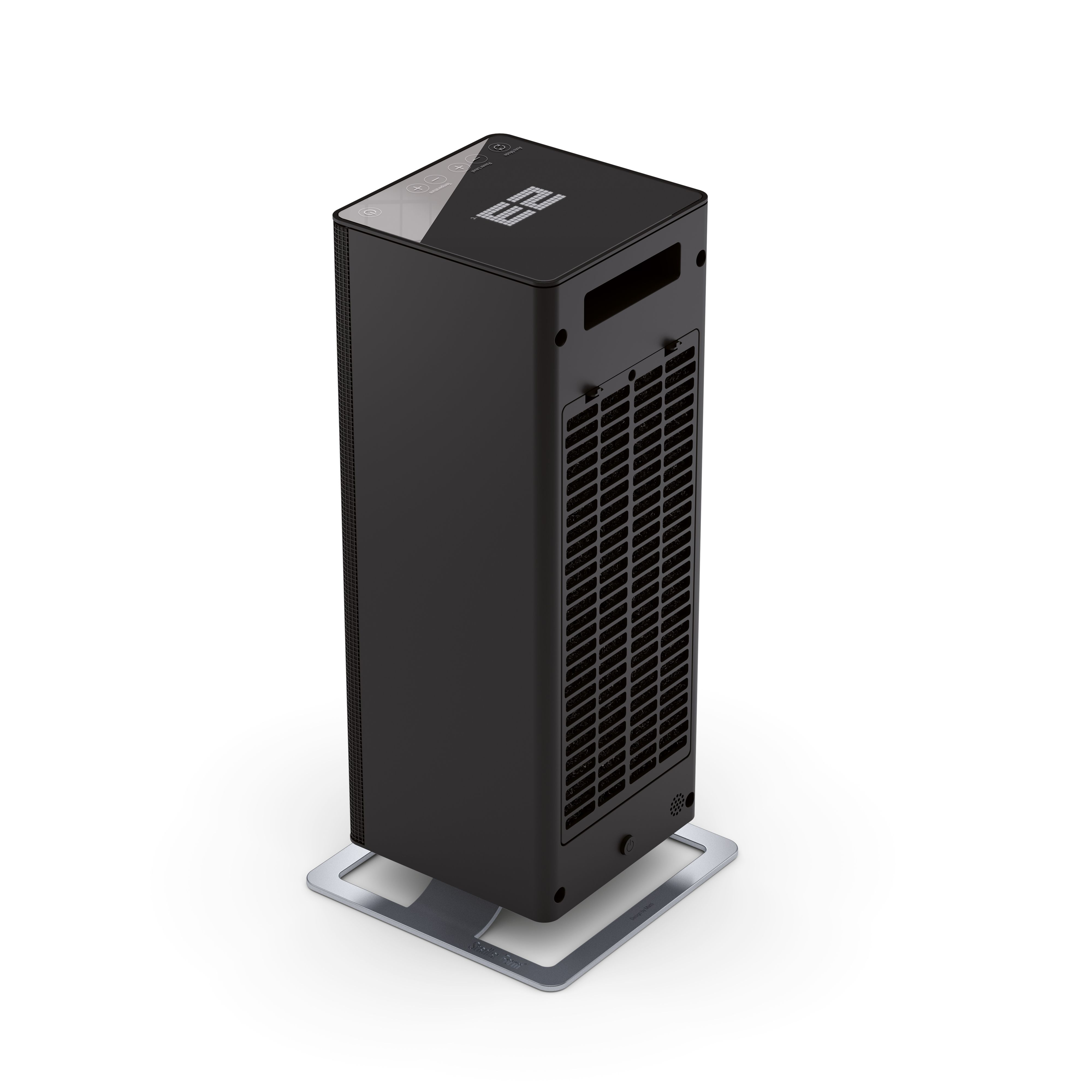Een zwarte, rechthoekige kachel staat op een zilveren voet. De bovenkant toont bedieningselementen en een digitale temperatuurweergave.