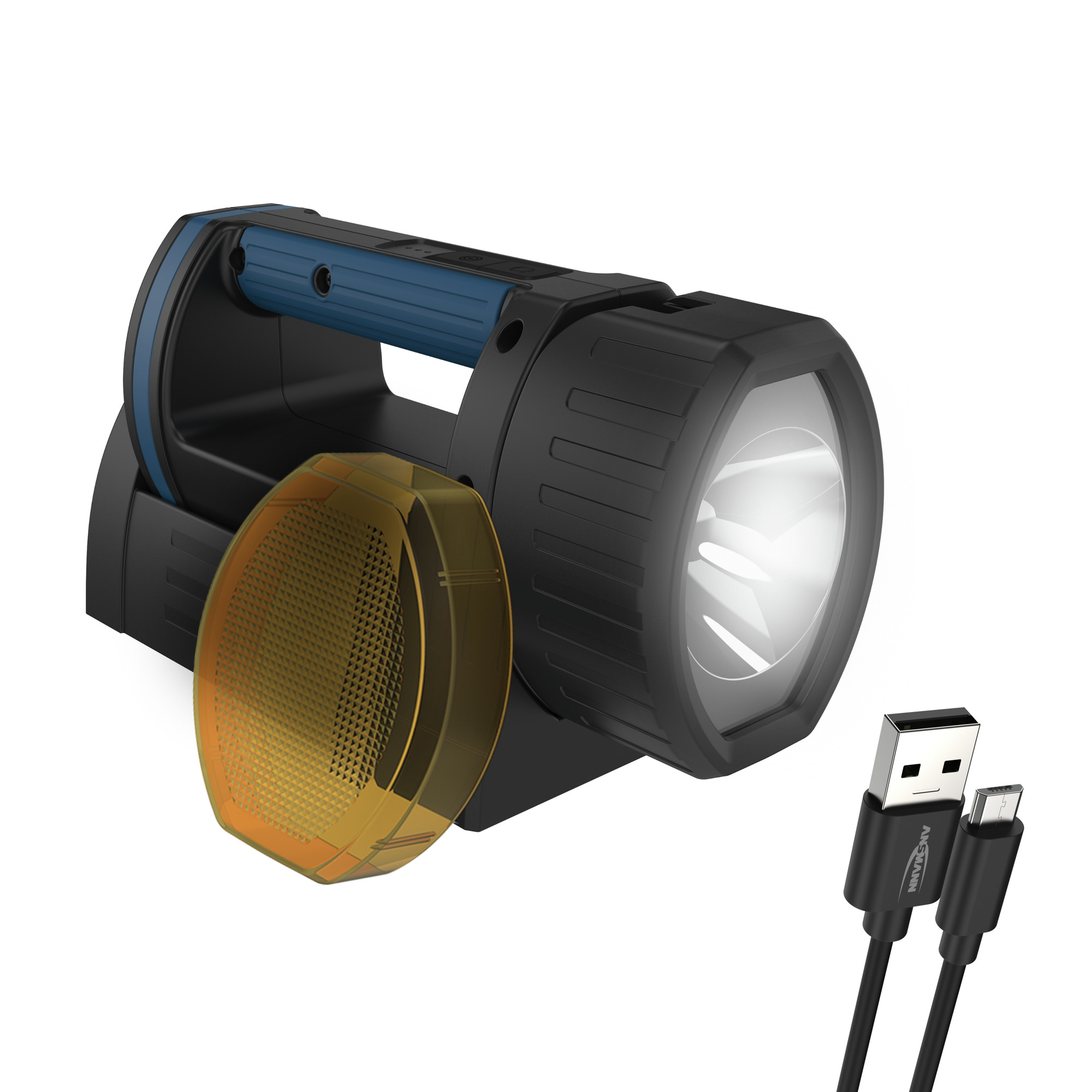 Eine schwarze Taschenlampe mit blauem Griff und gelbem Schild mit USB-Kabel auf weißem Grund.