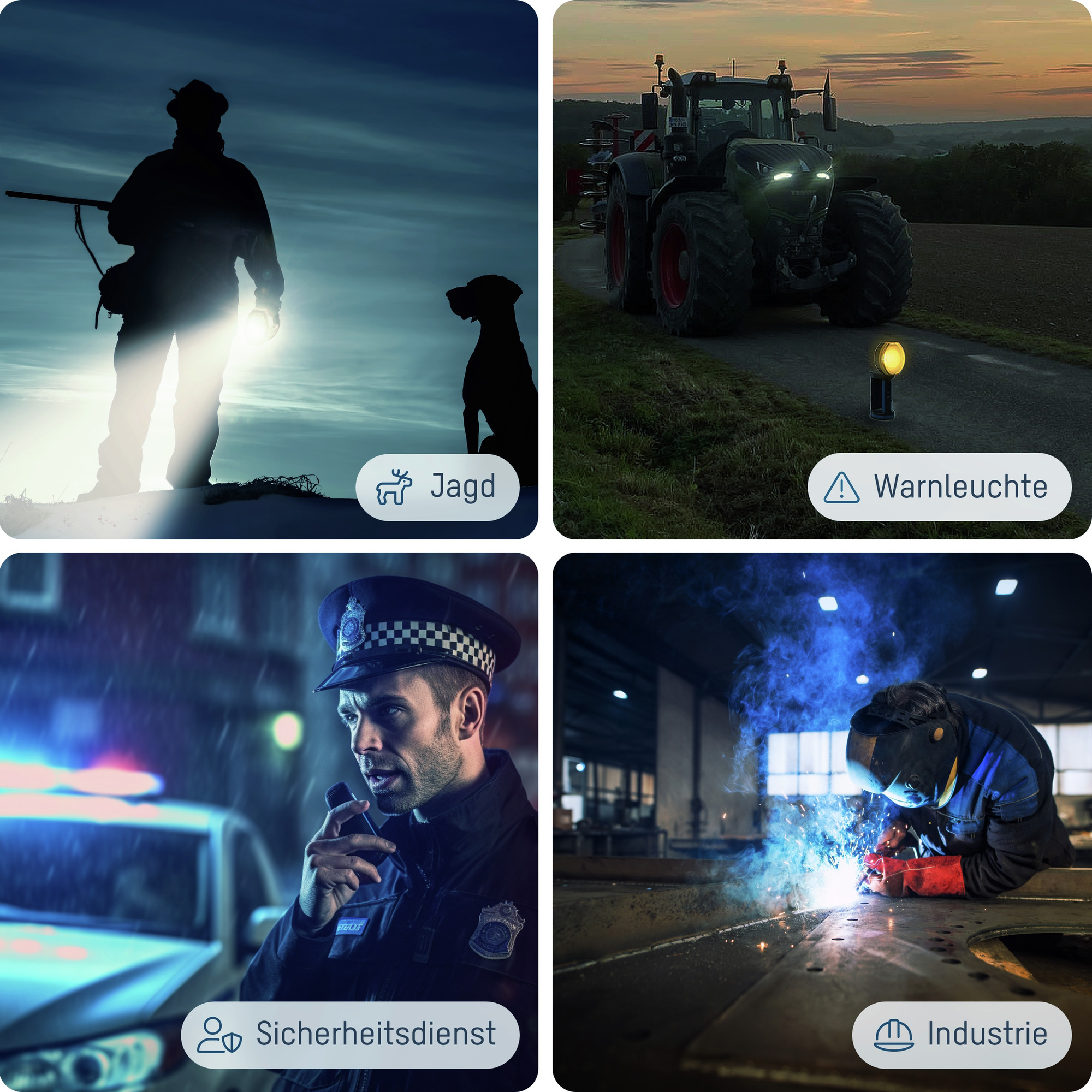 Vier Bilder. Jagd, Warnlicht, Polizist und Schweißen. Vielfalt an Szenen.
