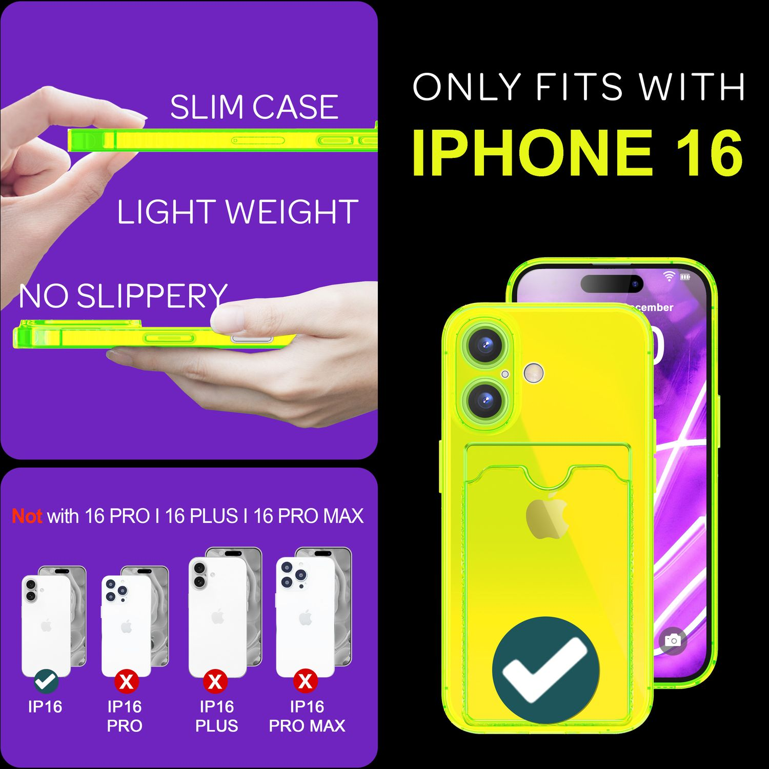 Eine iPhone 16 Hülle. Text zeigt, dass sie nur für iPhone 16 passt, nicht für Pro- oder Pro Max-Modelle.