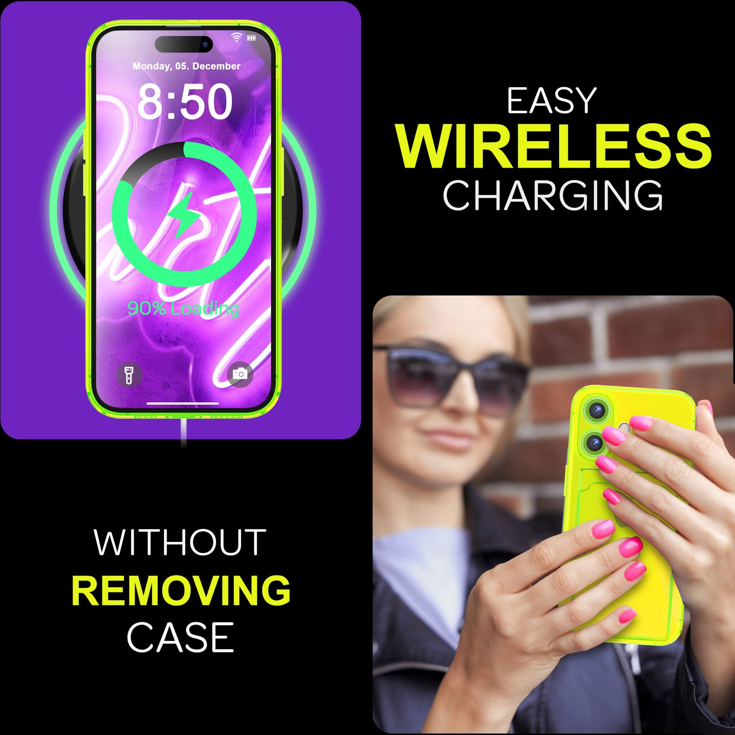 Ein Telefon lädt drahtlos. Eine Frau hält eine gelbe Telefonhülle. Text sagt 'Easy Wireless Charging'.