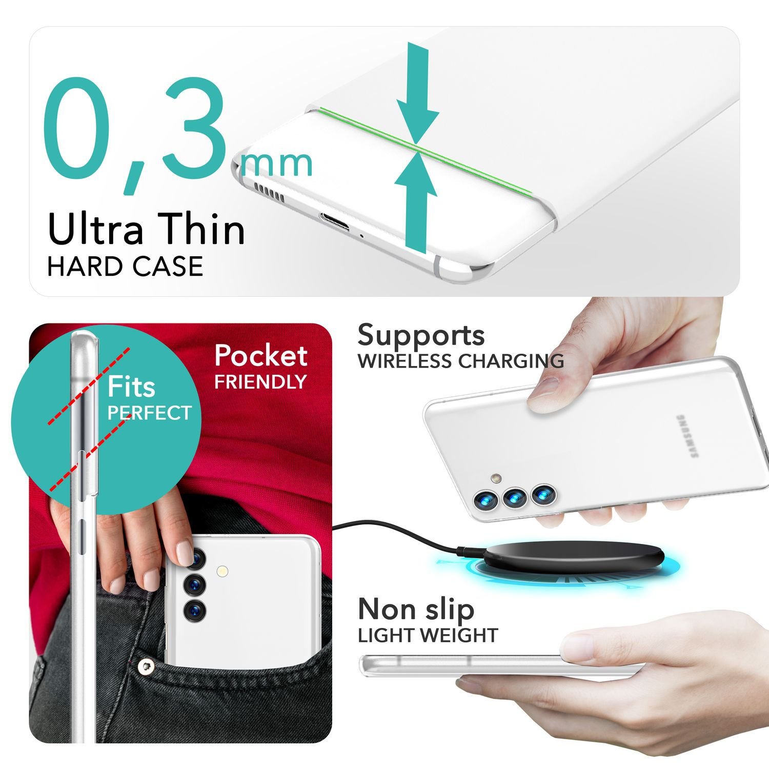 Weißes Telefon in einer Tasche und kabelloses Ladegerät. Text-Overlay: Ultra Thin, Pocket Friendly usw.
