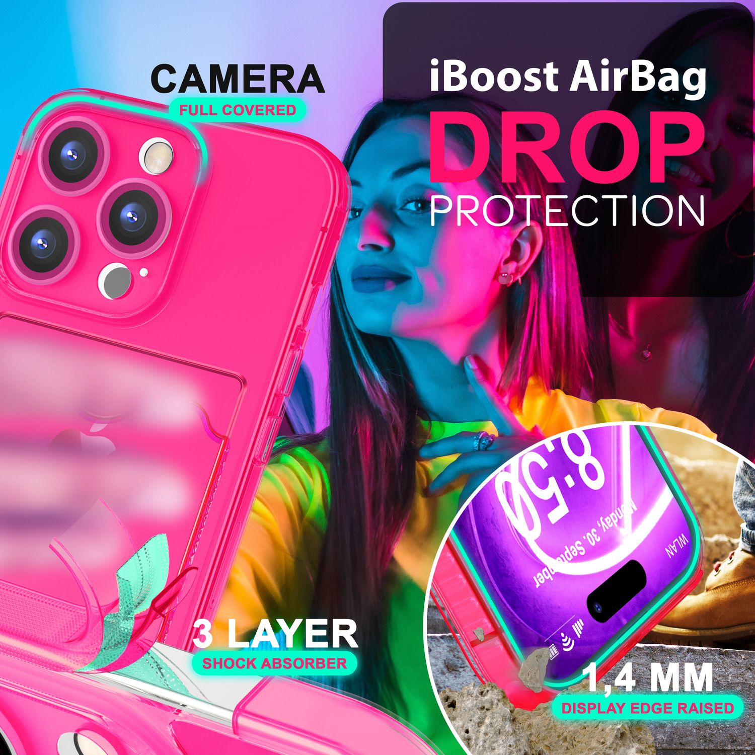 Pinkfarbene Handyhülle mit Telefon. Text: 'iBoost Airbag Drop Protection' und '3 Layer'.