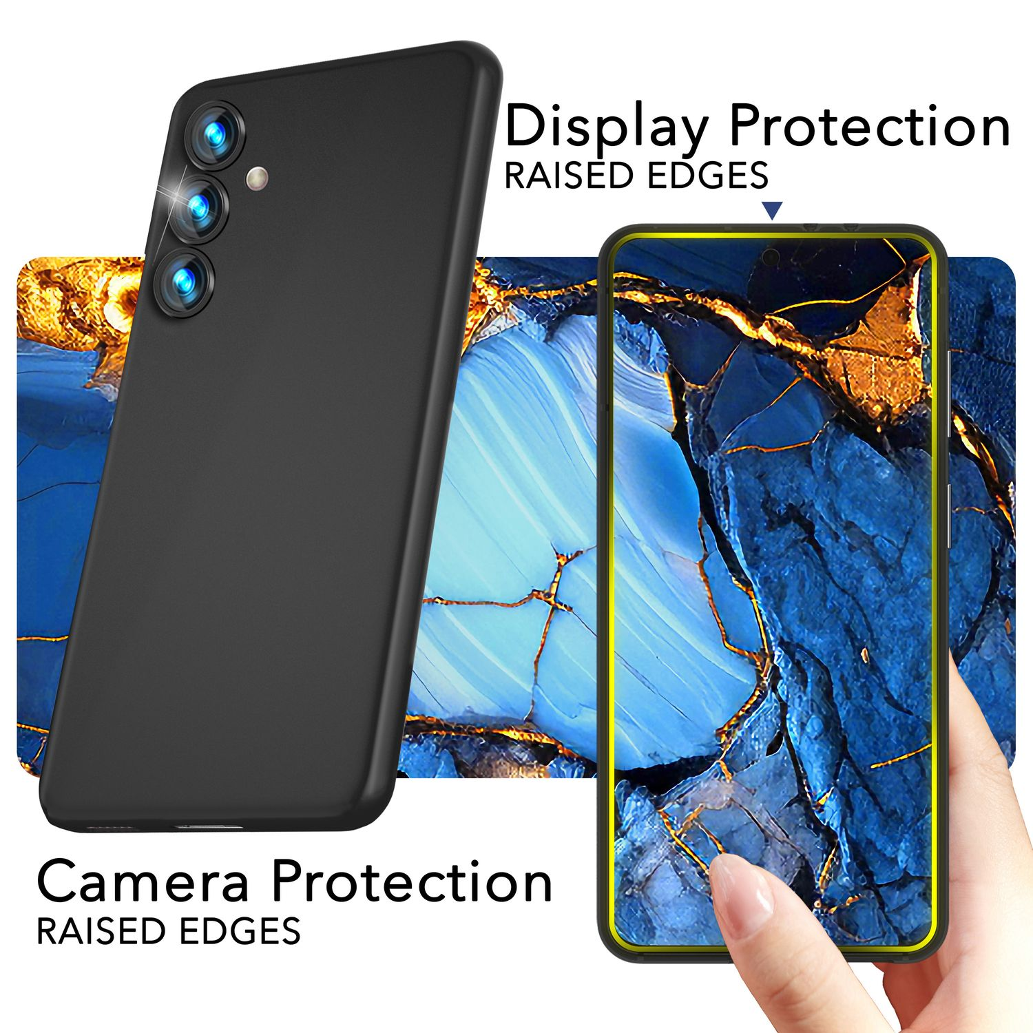 Schwarze Smartphone-Rückseite mit Kamera und Bildschirm mit blauem Muster.