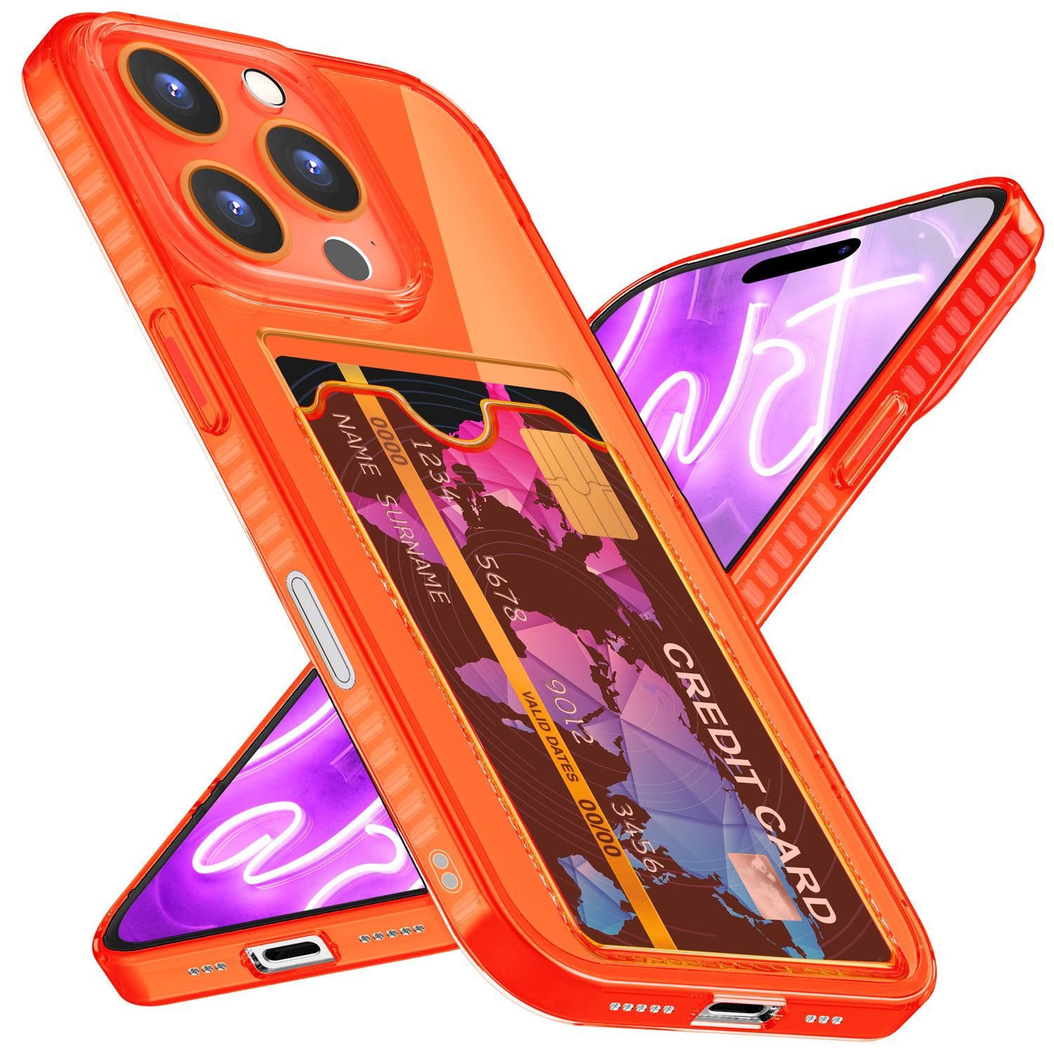 Orangefarbene Handyhülle mit Kreditkartenfach und ein Handy mit lila Bildschirm dahinter. Beide abgewinkelt.
