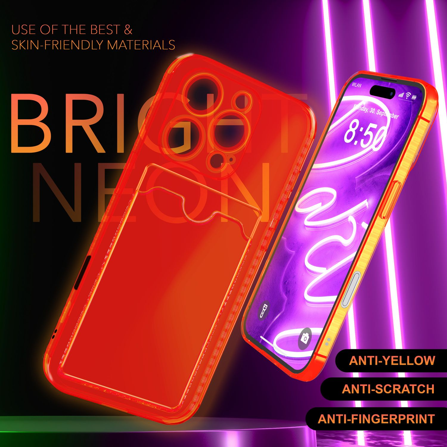Orange Handyhülle mit Telefon, Text beschreibt Funktionen.