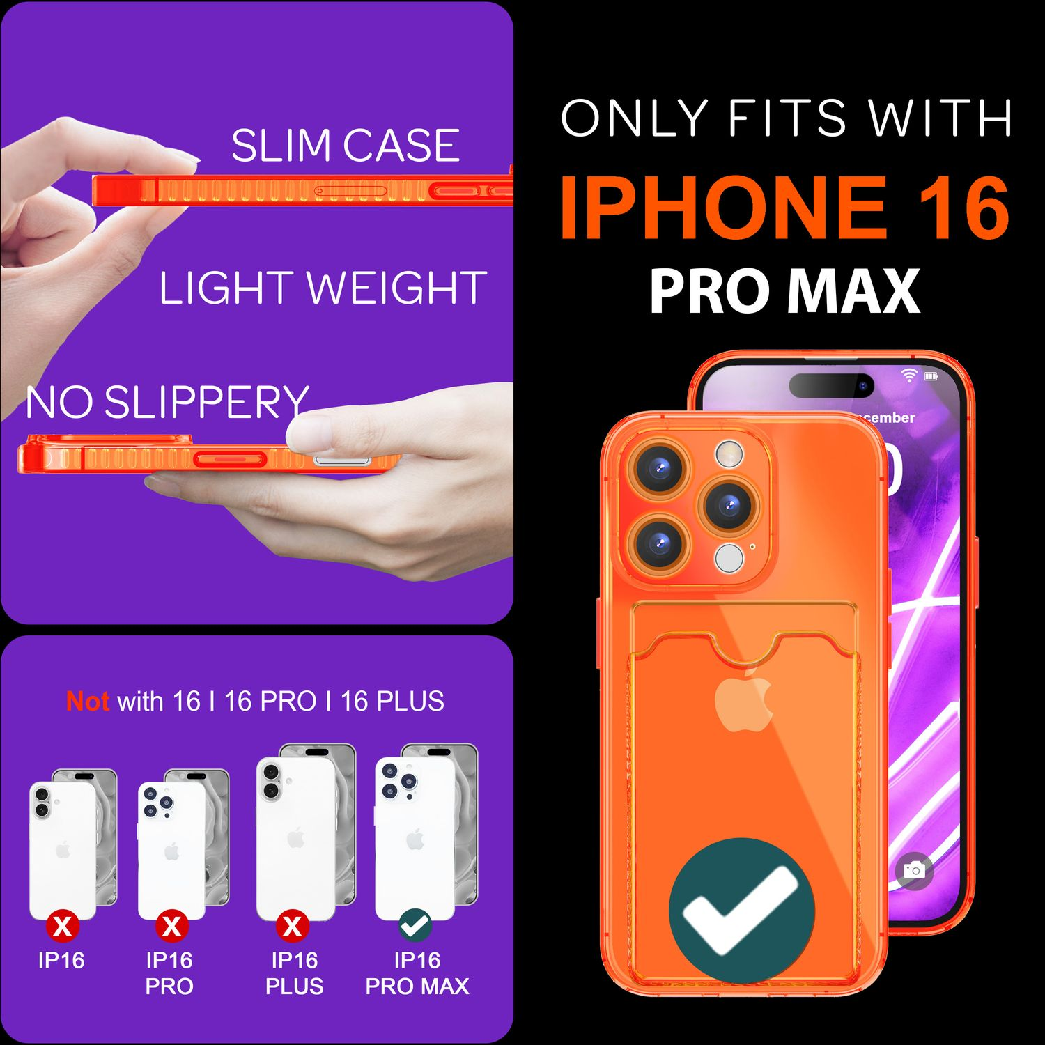 Orangefarbene iPhone 16 Pro Max Hülle mit Funktionen und Kompatibilitätsdetails. Andere Telefonmodelle gezeigt.