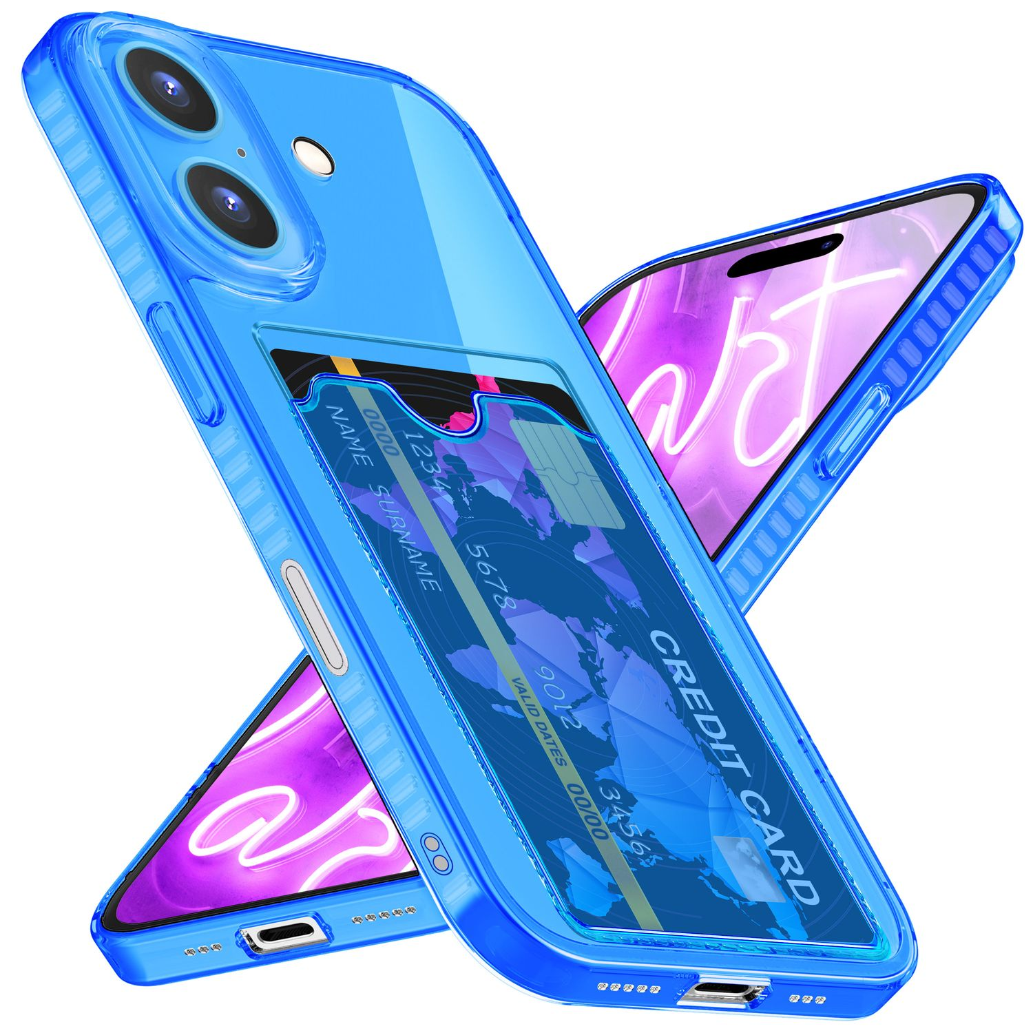 Blaue Handyhülle mit Kreditkarte und Handy. Zwei Handys sind abgebildet.
