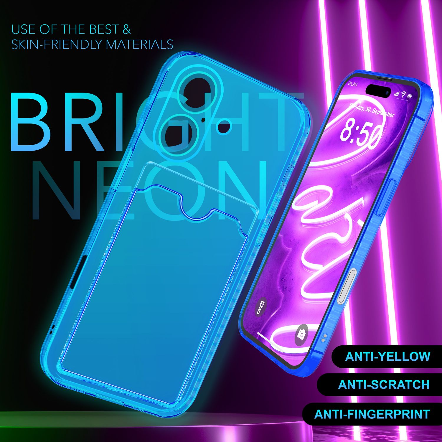 Transparente blaue Handyhülle mit Neon-Design, zeigt ein Telefon.