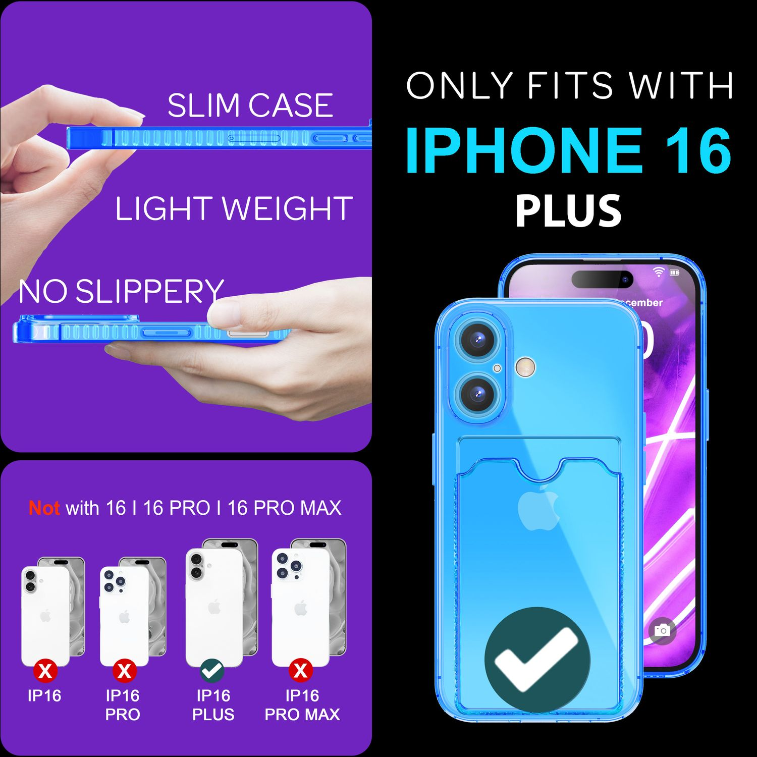 Blaue Handyhülle mit Haken, und ein iPhone 16 Plus. Die Hülle ist schlank und leicht.