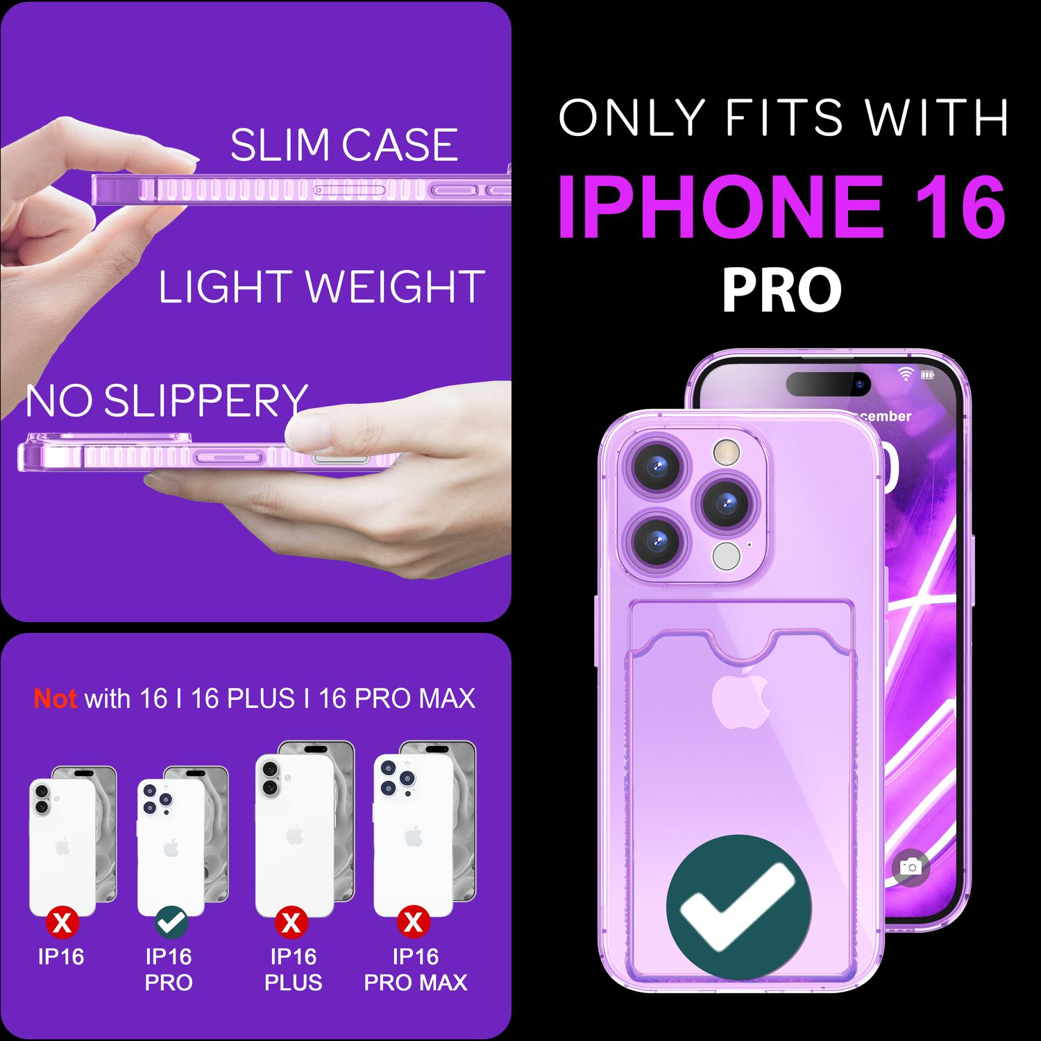 Eine lila Handyhülle mit Kartenfach, neben einem iPhone 16 Pro. Text: Passt nur für iPhone 16 Pro.