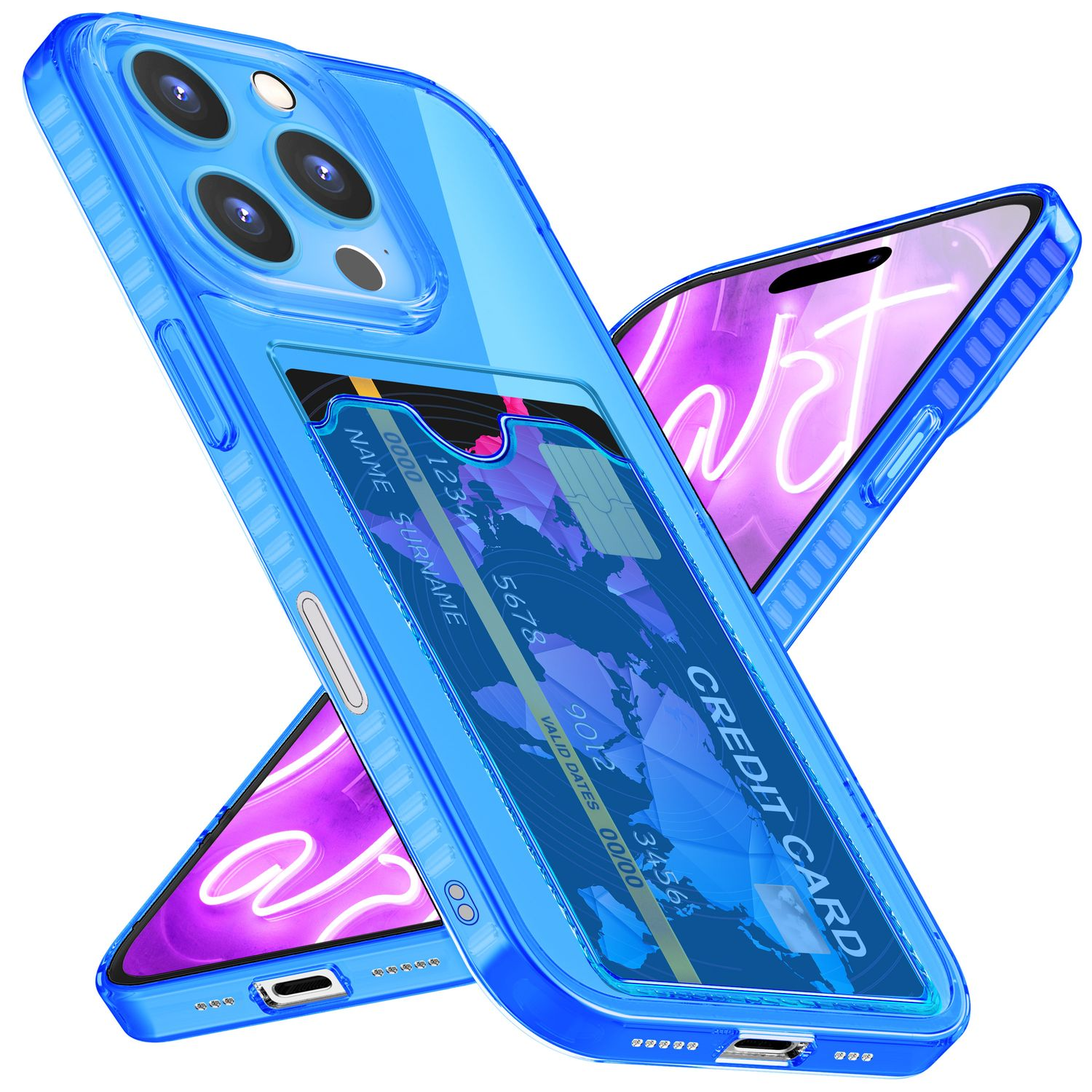 Blaue Handyhülle mit Kreditkartenfach und Handy darin.