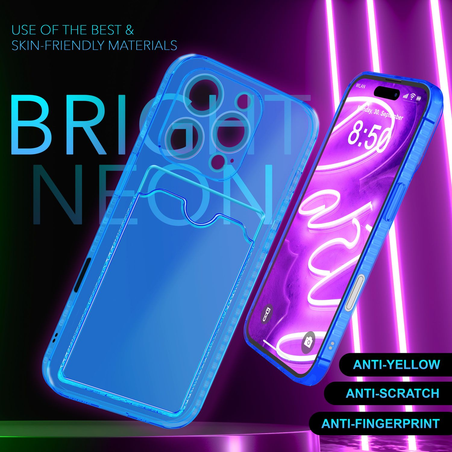 Eine blaue Handyhülle mit einem Telefon darin. Die Hülle hat Text und eine Neon-Umrandung.