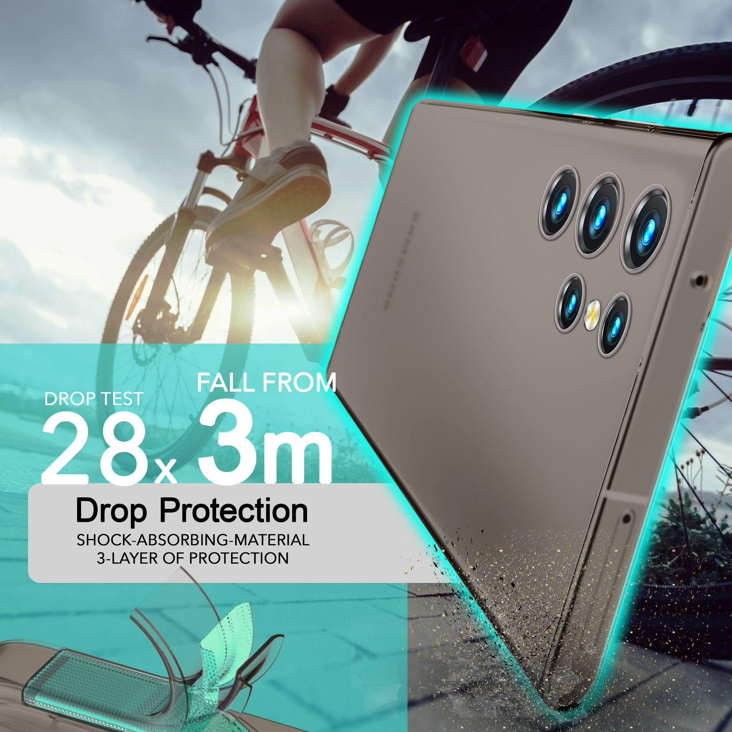 Eine Handyhülle mit einem Telefon darin. Die Hülle wird auf Fallschutz getestet. Fahrrad im Hintergrund.