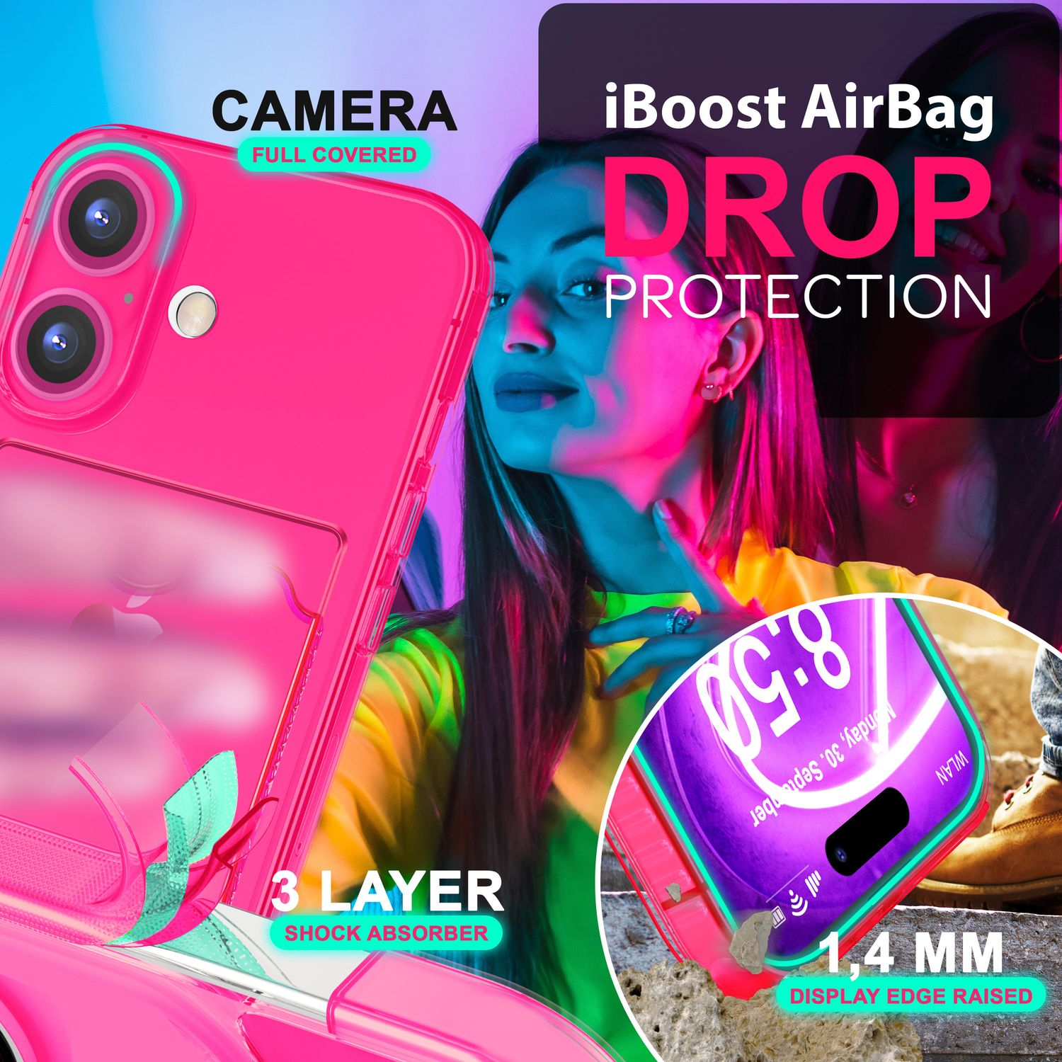 Rosa Handyhülle mit Telefon. Die Hülle hat eine Kameraabdeckung und Airbag-Schutz.
