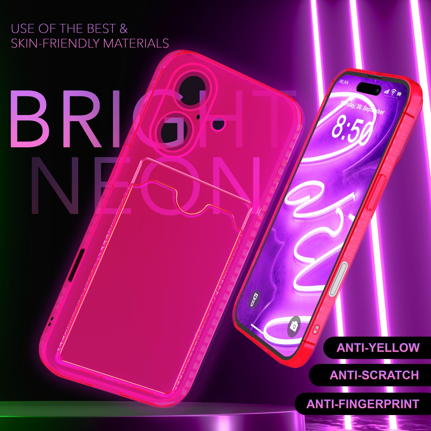 Rosa Handyhülle mit einem Handy darin. Neonpinker Hintergrund mit Text.