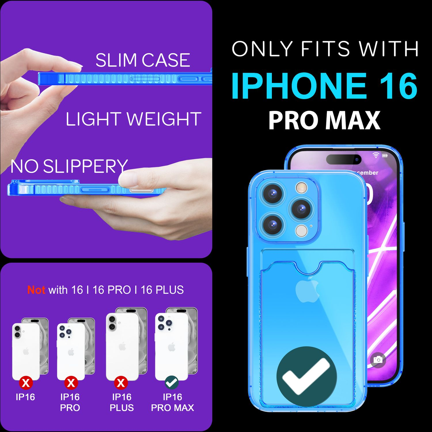 Blaue iPhone 16 Pro Max Hülle mit leichtem, schlankem Design. Nicht kompatibel mit 16 Pro, Plus oder 16.