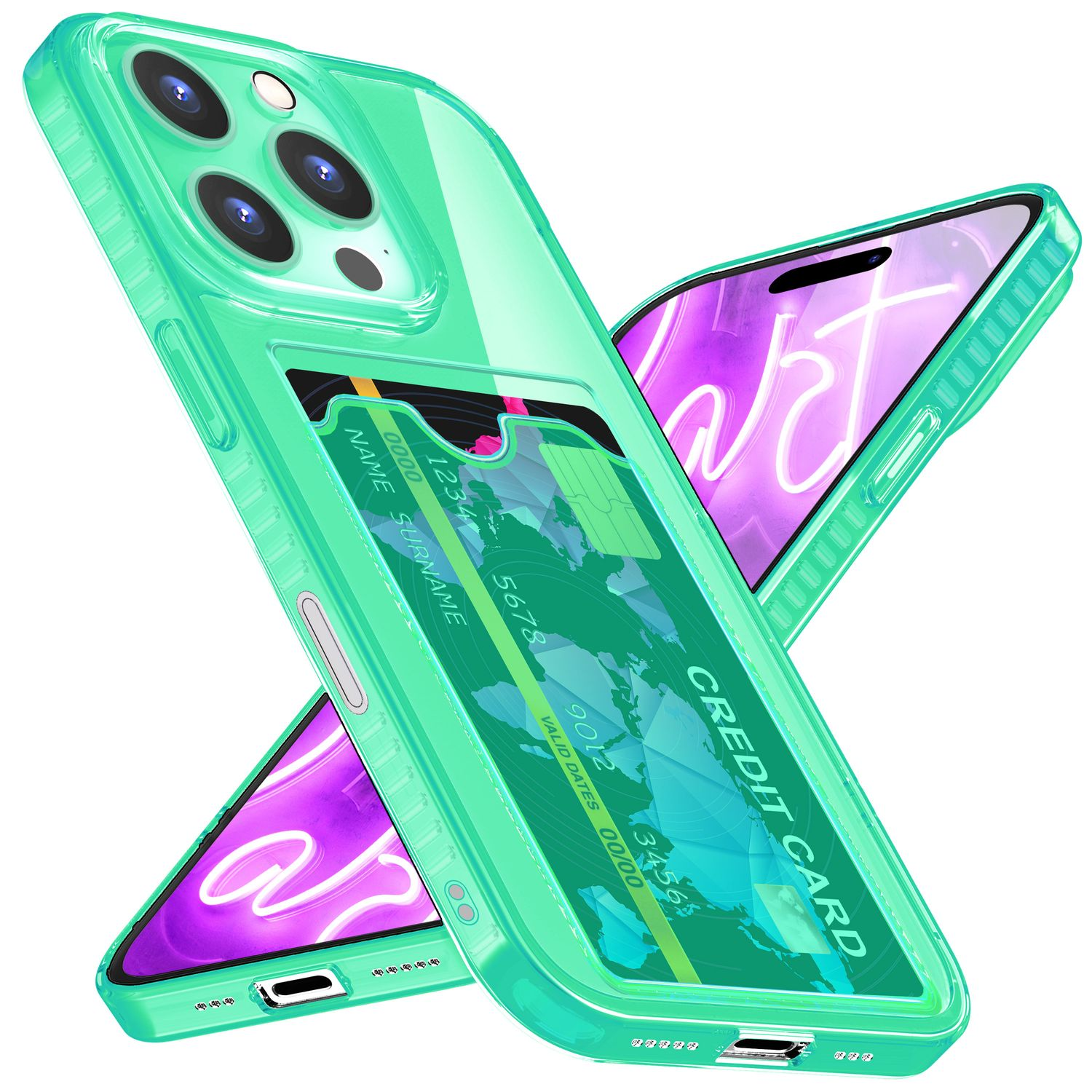 Zwei Handyhüllen, eine grüne, mit Kreditkartenfächern und ein Telefon, auf weißem Hintergrund.