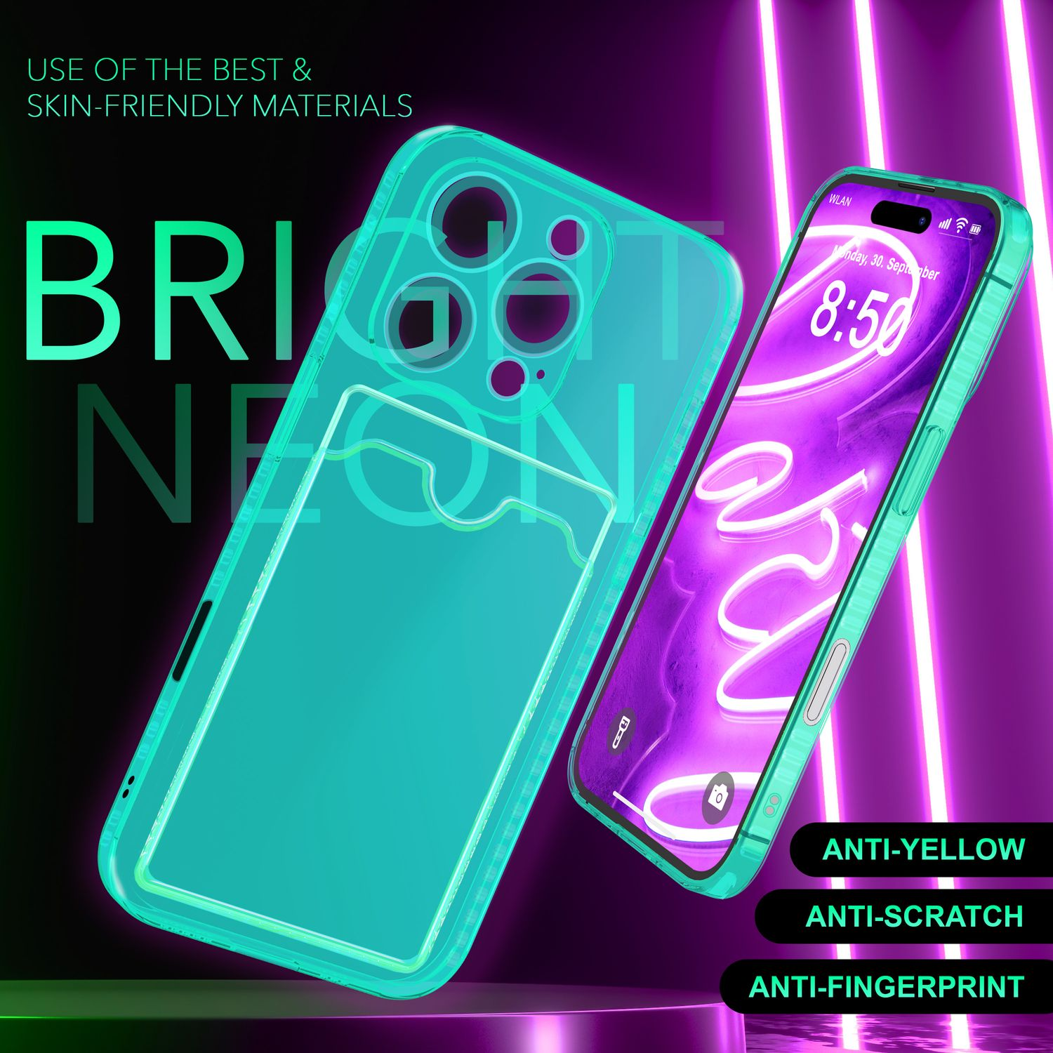 Handyhülle mit Telefon. Neongrün und transparent. Text: ANTI-GELB, ANTI-KRATZER, ANTI-FINGERABDRUCK.
