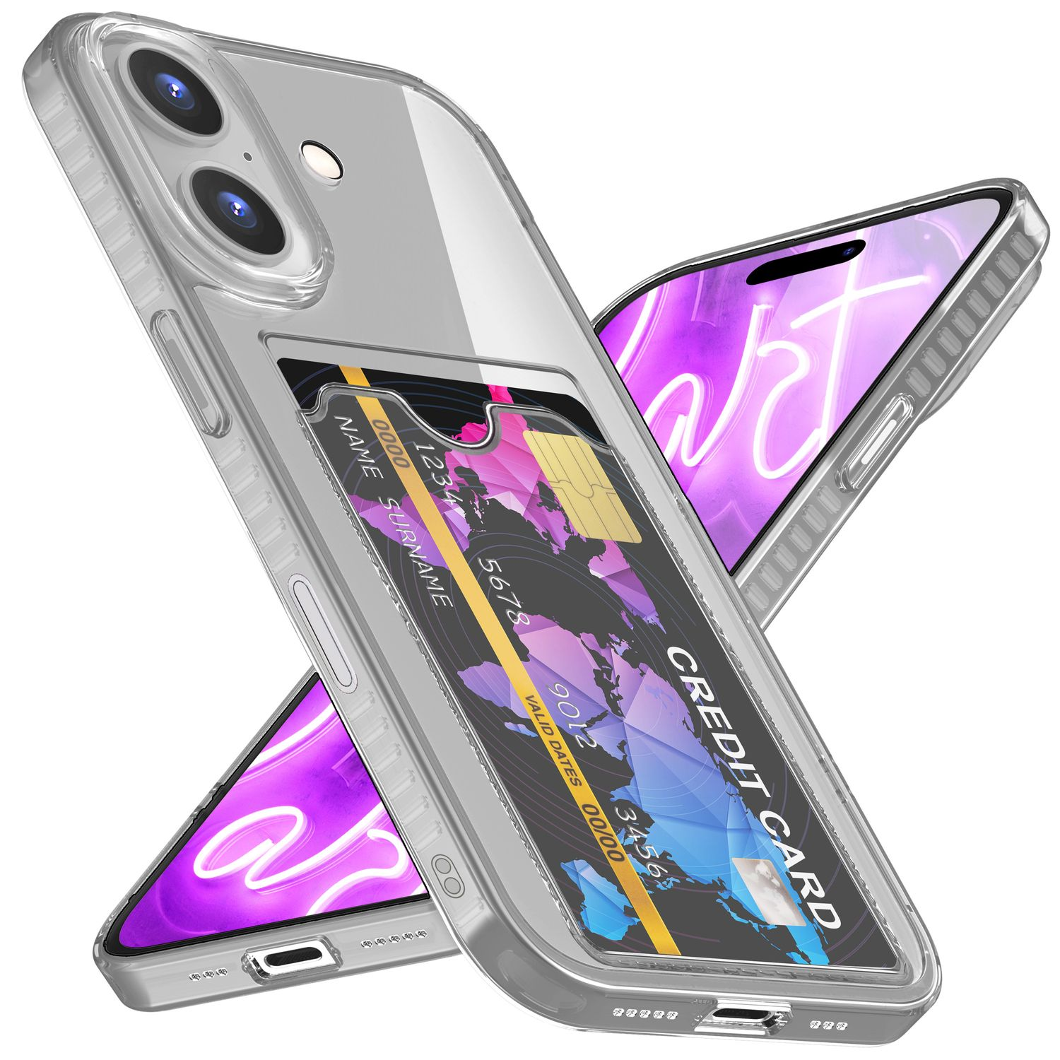 Transparente Handyhülle mit Kreditkartenfach, das eine Kreditkarte hält. Telefon und Karte sichtbar.