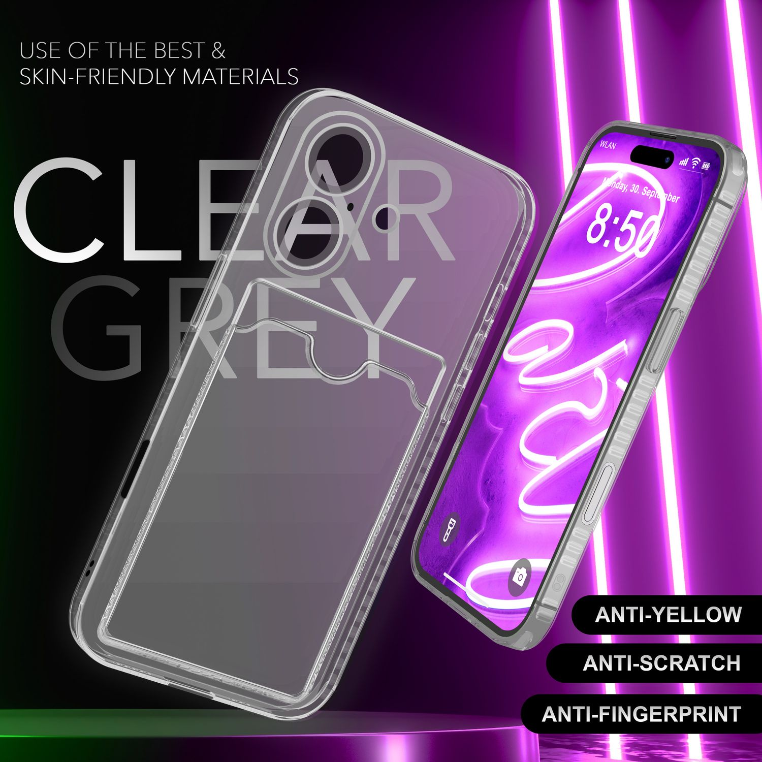 Transparente Handyhülle mit Telefon. Der Bildschirm zeigt ein lila Design.