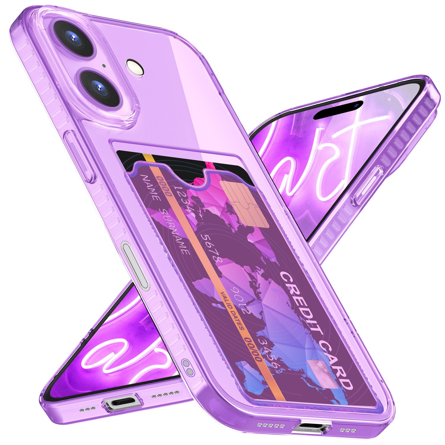 Zwei lila Handyhüllen mit Kreditkartendesign, eine mit Telefon darin.