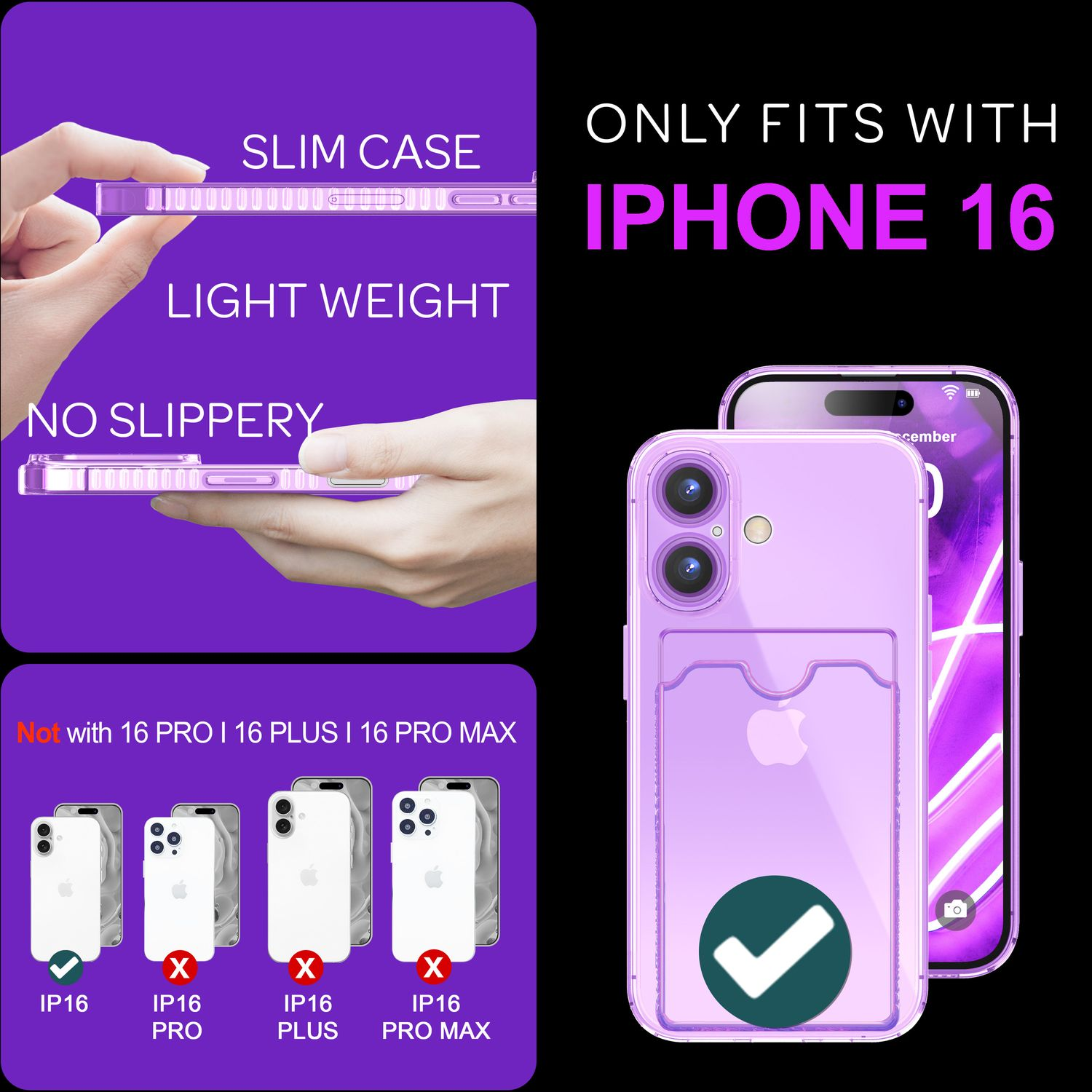 Eine Handyhülle mit einem iPhone 16 und anderen iPhones und Text, der die Passform für das iPhone 16 anzeigt.