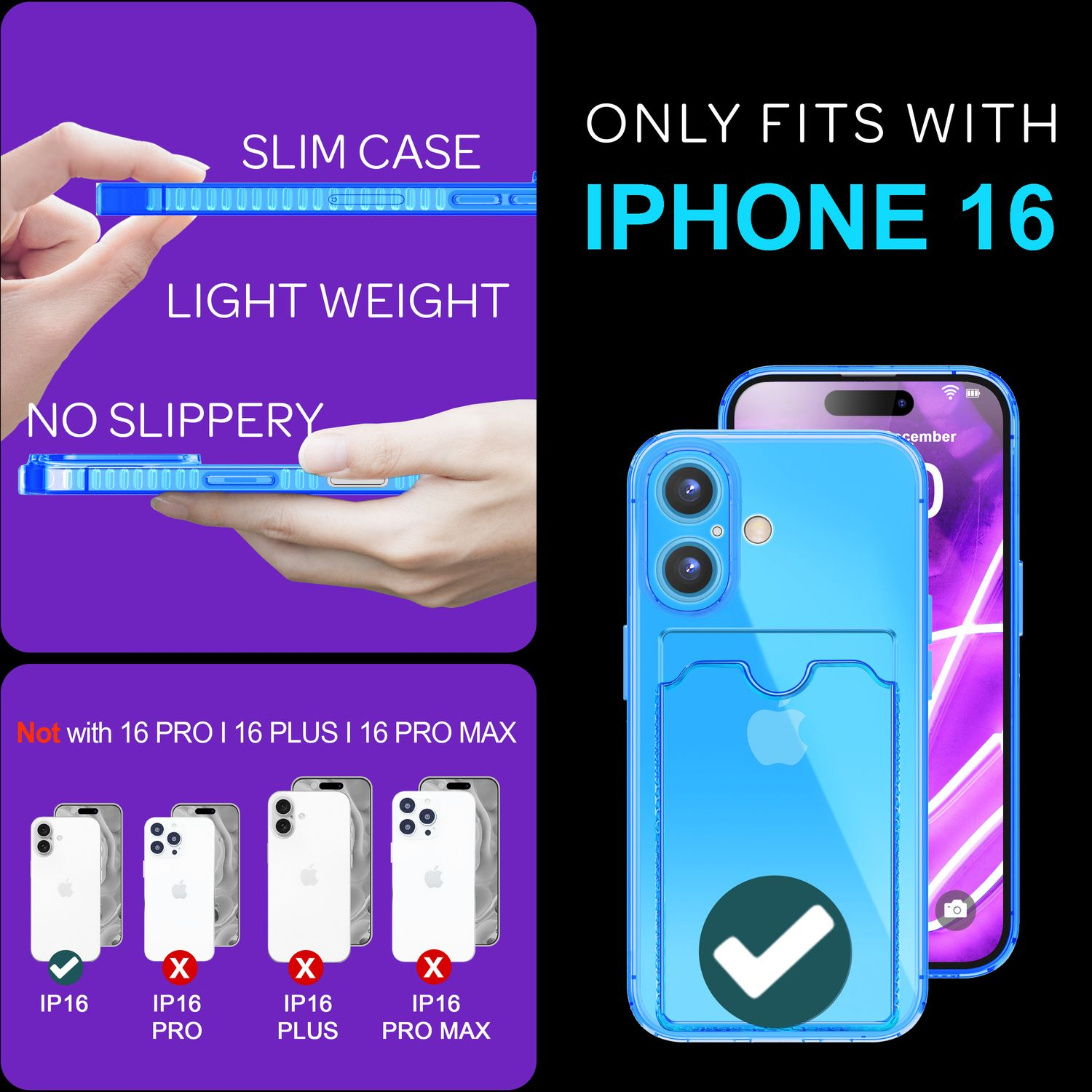 Blaue Handyhülle mit dem Text 'Nur für iPhone 16 geeignet'.