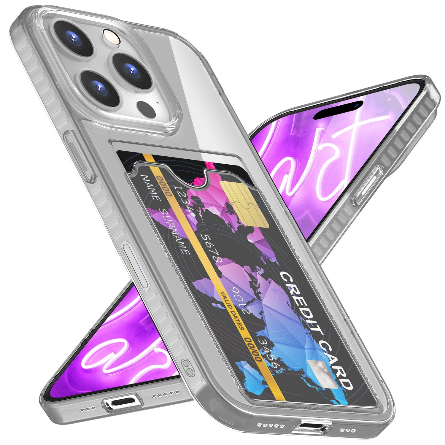 Zwei Telefone mit Kreditkartenetui. Eines zeigt eine Karte. Im Hintergrund ist eine lila App zu sehen.