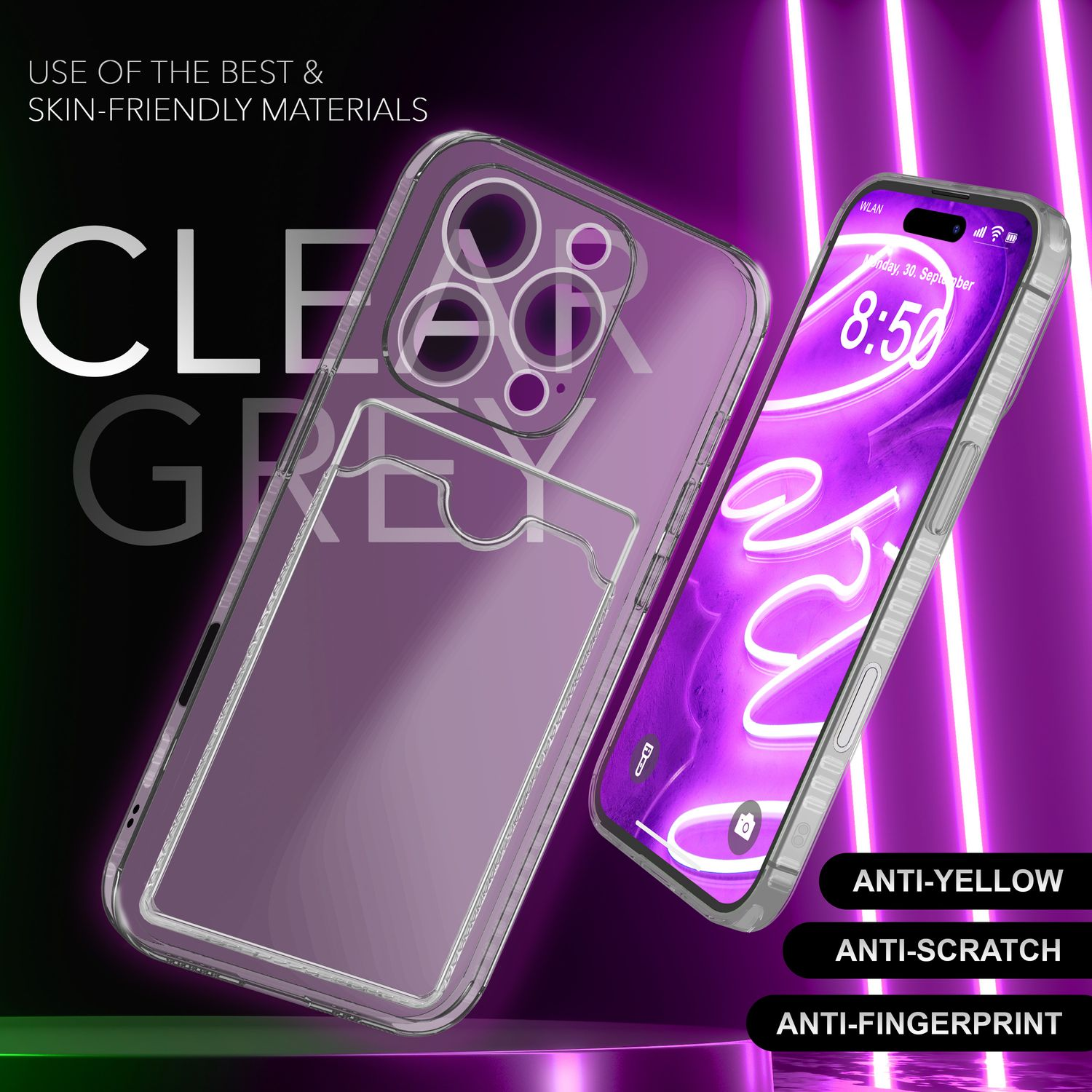 Transparente graue Handyhülle und Telefon mit Bildschirm. Anti-Gelb, kratzfest und Anti-Fingerabdruck-Etiketten.