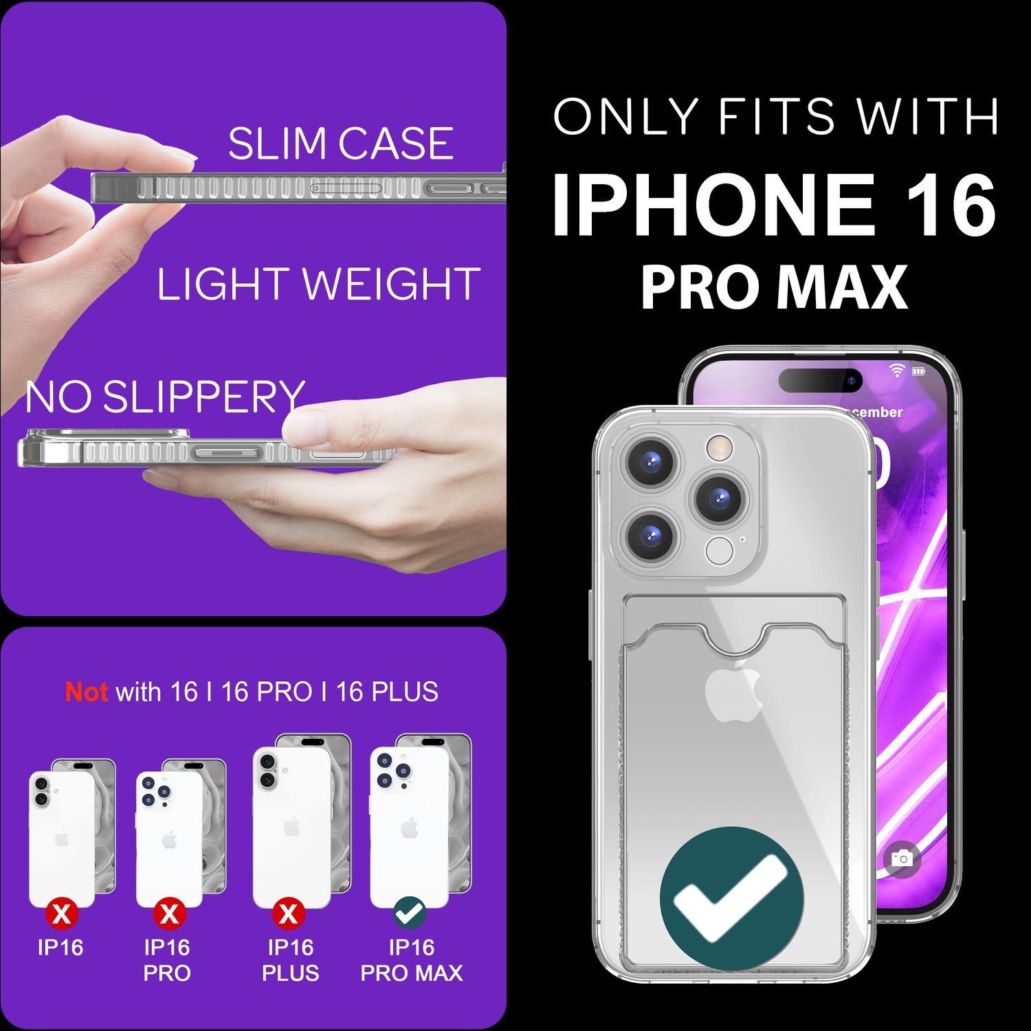 Handyhülle mit iPhone 16 Pro Max. Text: 'ONLY FITS WITH IPHONE 16 PRO MAX'.