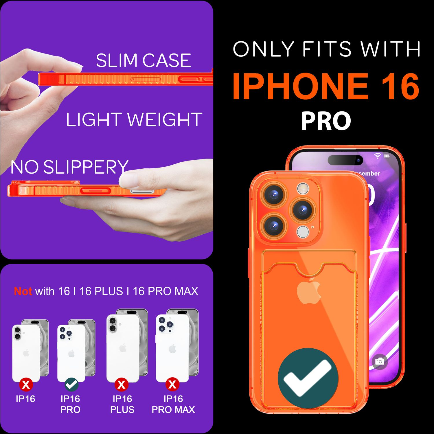 Orangefarbene iPhone 16 Pro Hülle mit Kartenfach. Der Text hebt Funktionen und Kompatibilität hervor.