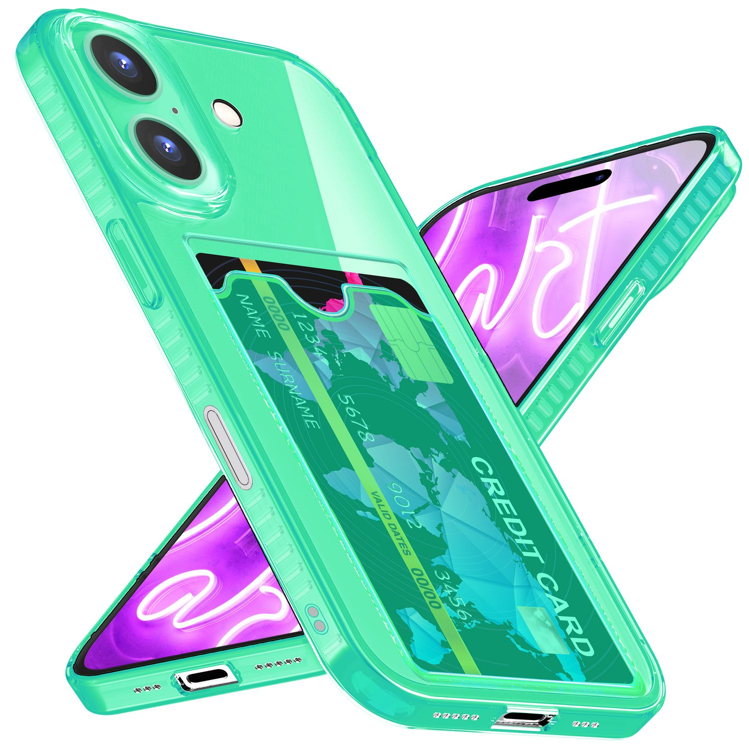 Zwei Telefone in aqua Hüllen, eines mit Kreditkarte. Weißer Hintergrund.