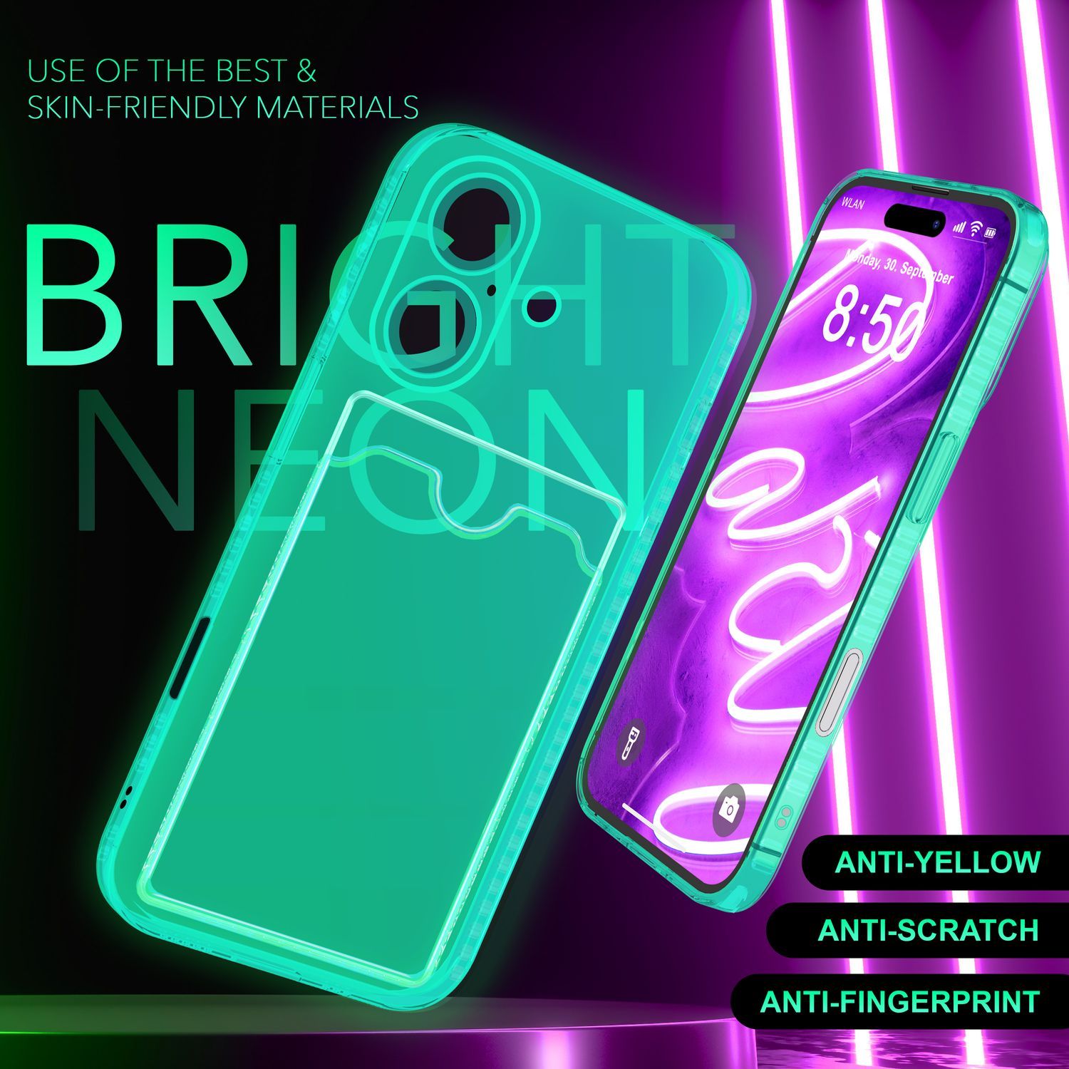 Eine grüne Handyhülle neben einem iPhone, das die Uhrzeit anzeigt. Text: Helles Neon, Anti-Gelb, Anti-Kratzer, Anti-Fingerabdruck.