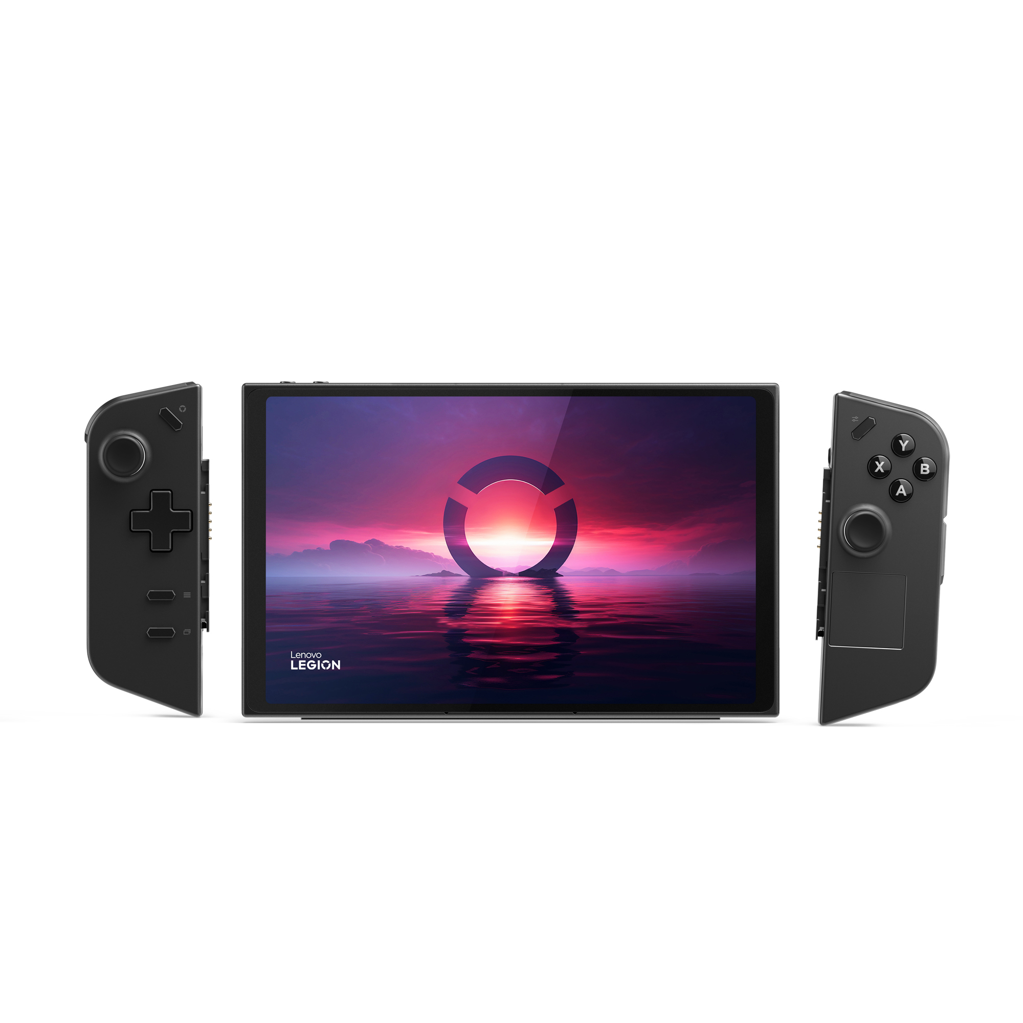 Un dispositivo portatile per il gaming con controller staccabili e uno schermo che mostra una scena di gioco.